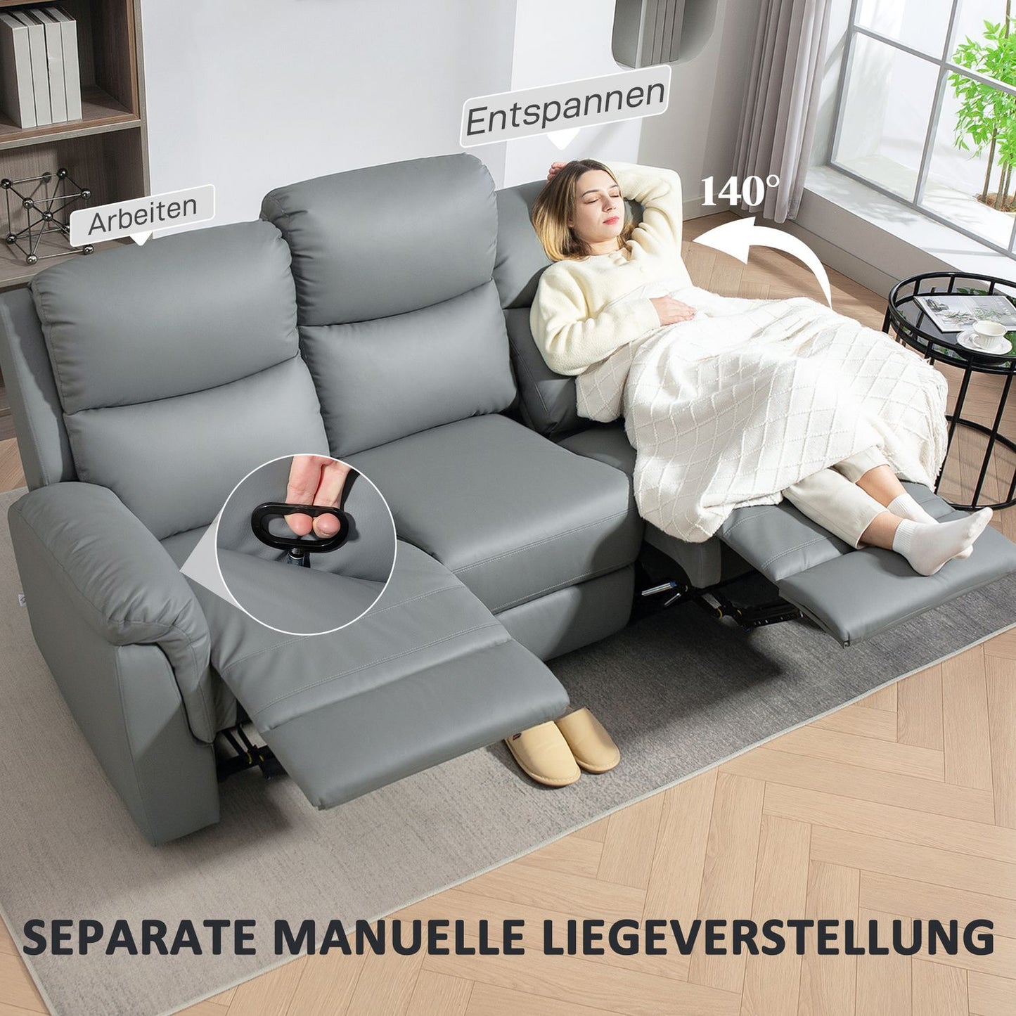 Reclining 3-Seater Sofa, Faux Leather, Dark Grey