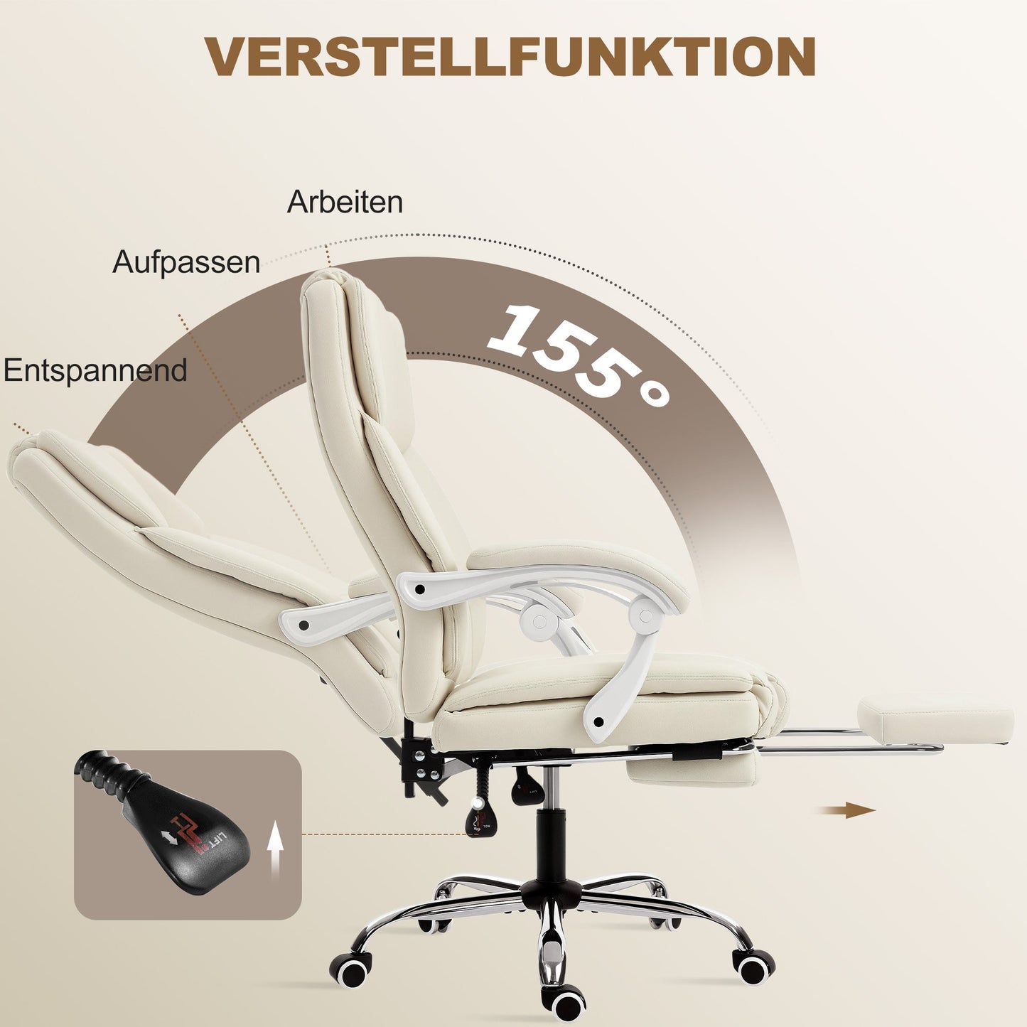 Reclining Office Chair with Footrest, Adjustable Height, Beige