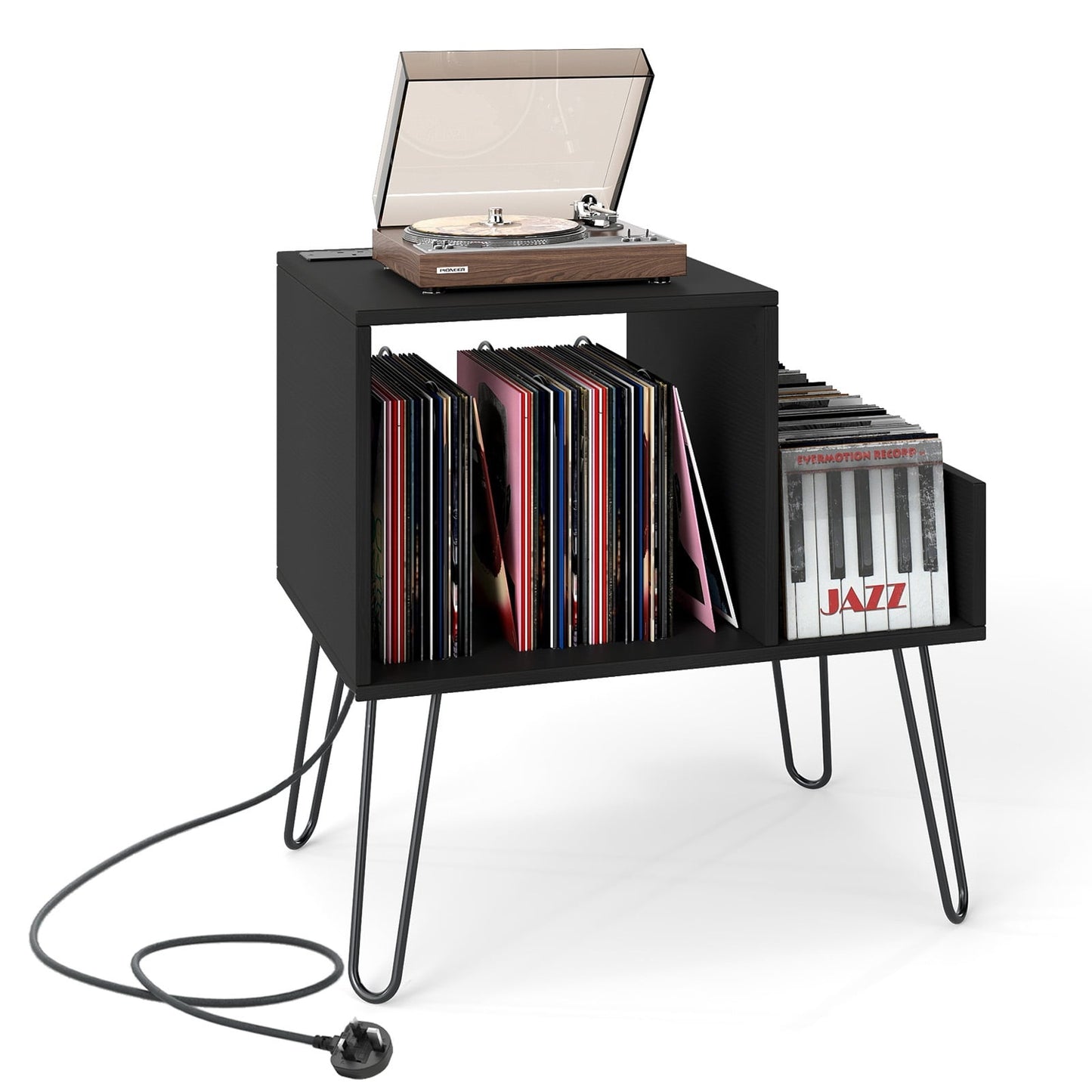 Record Player Stand with Charging Station – Black, High Capacity