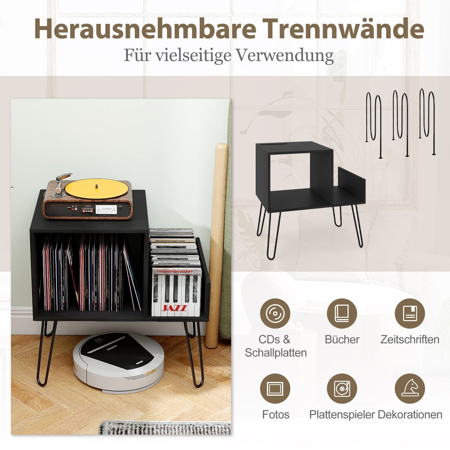 Record Player Stand with Charging Station – Black, High Capacity