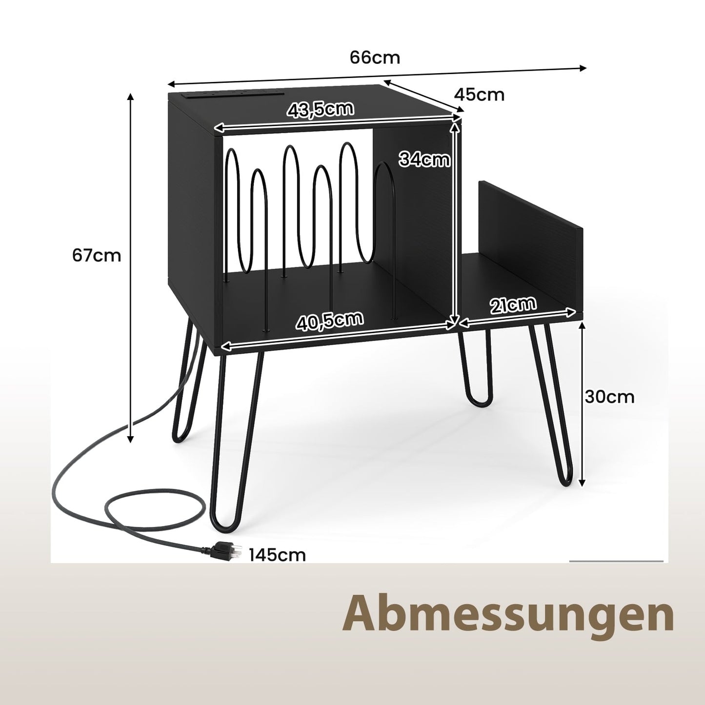 Record Player Stand with Charging Station – Black, High Capacity