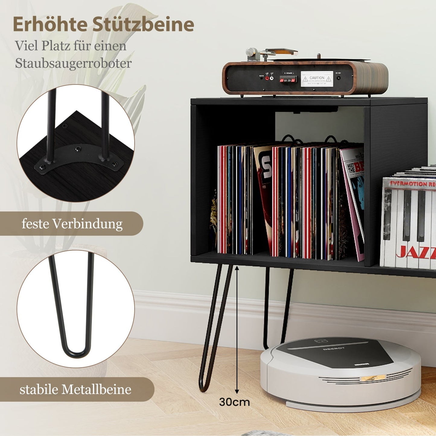 Record Player Stand with Charging Station – Black, High Capacity