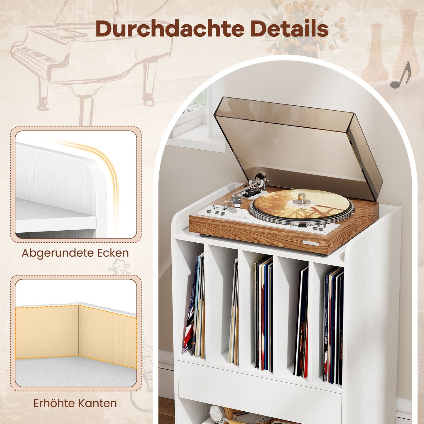 Record Player Table with 5 Shelves & Drawer, White, Mobile