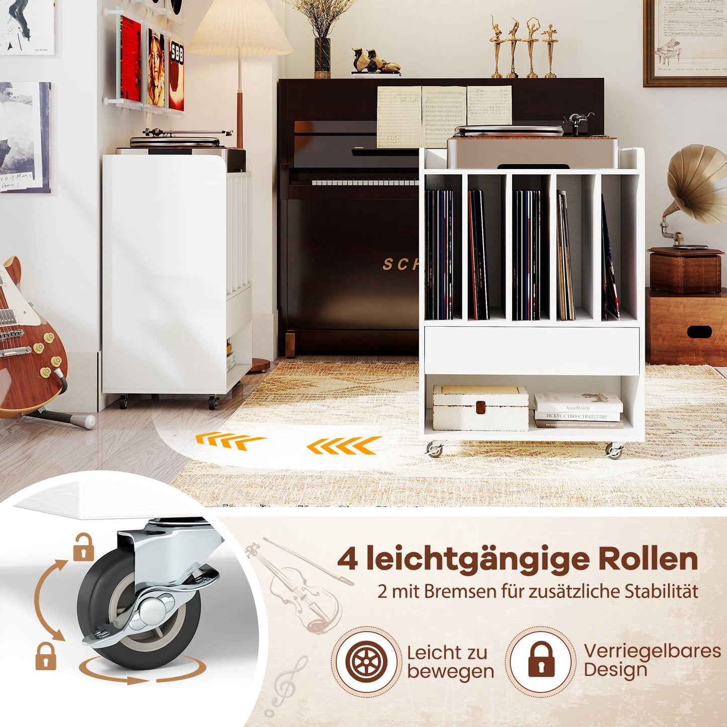 Record Player Table with 5 Shelves & Drawer, White, Mobile