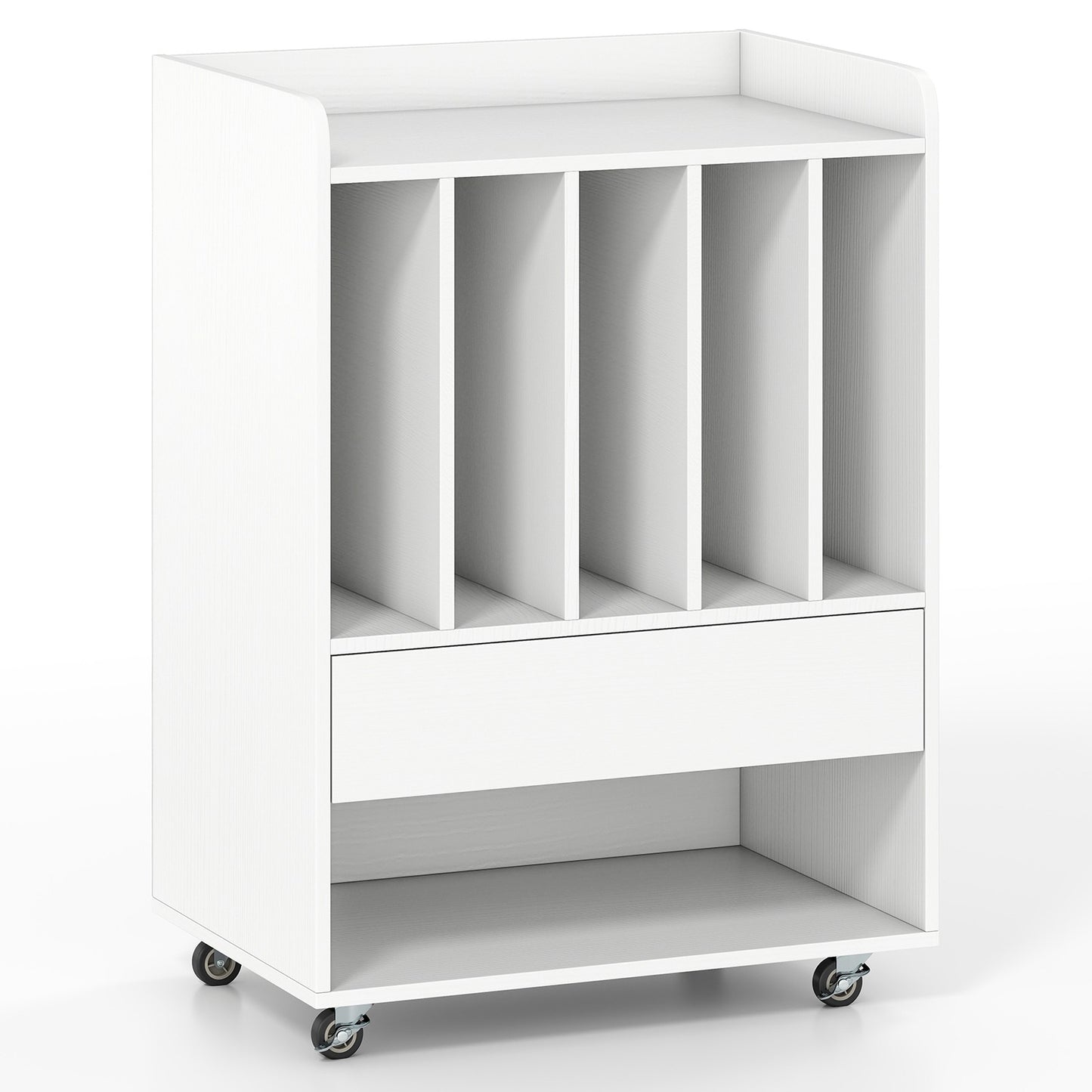 Record Player Table with 5 Shelves & Drawer, White, Mobile