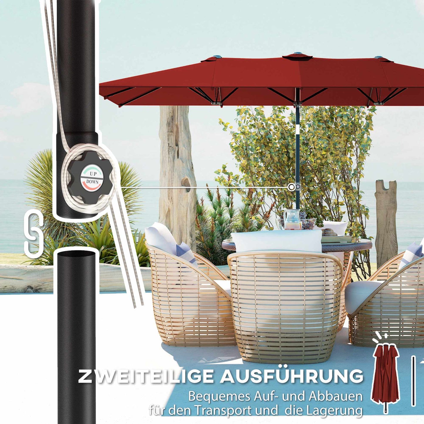 Rectangular Double Patio Umbrella, Adjustable, Wine Red