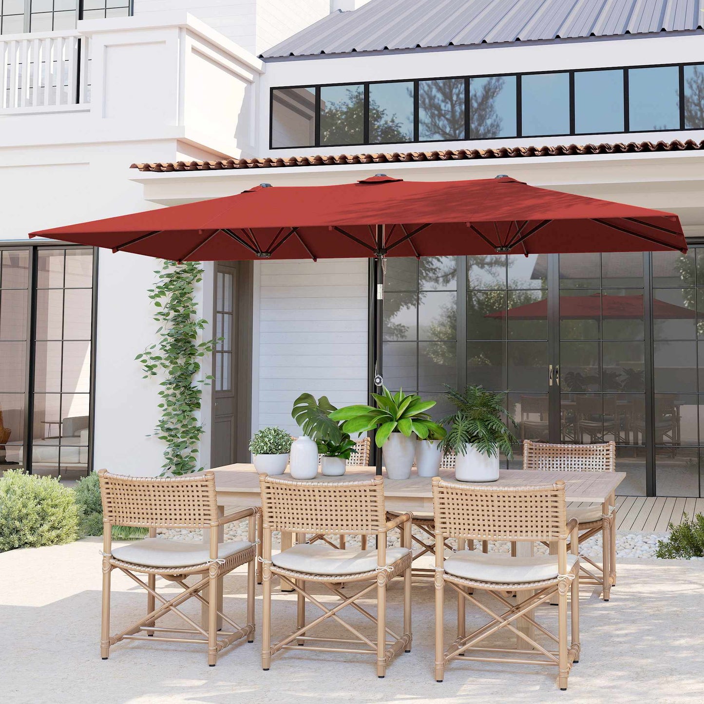 Rectangular Double Patio Umbrella, Adjustable, Wine Red