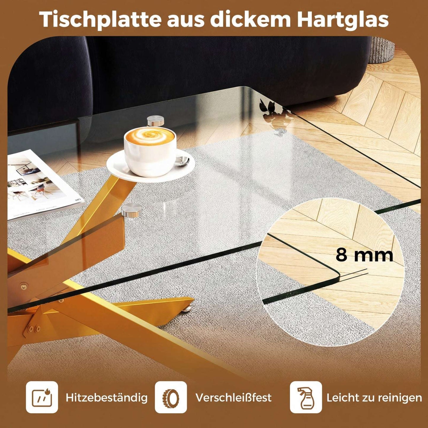 Rectangular Glass Coffee Table, Gold, 120 x 60 cm