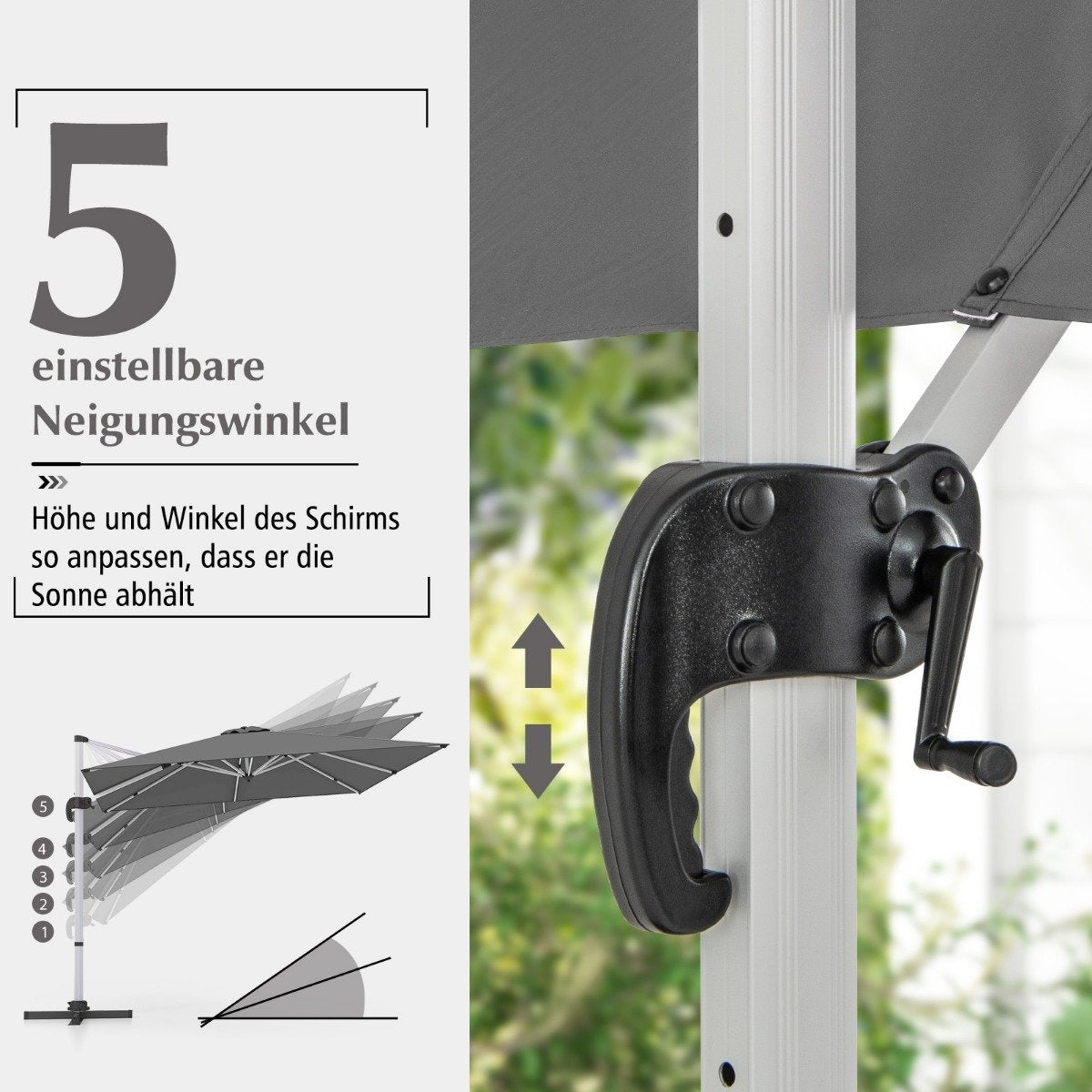 Rectangular Patio Umbrella, 300x300 cm, Grey, Crank Handle