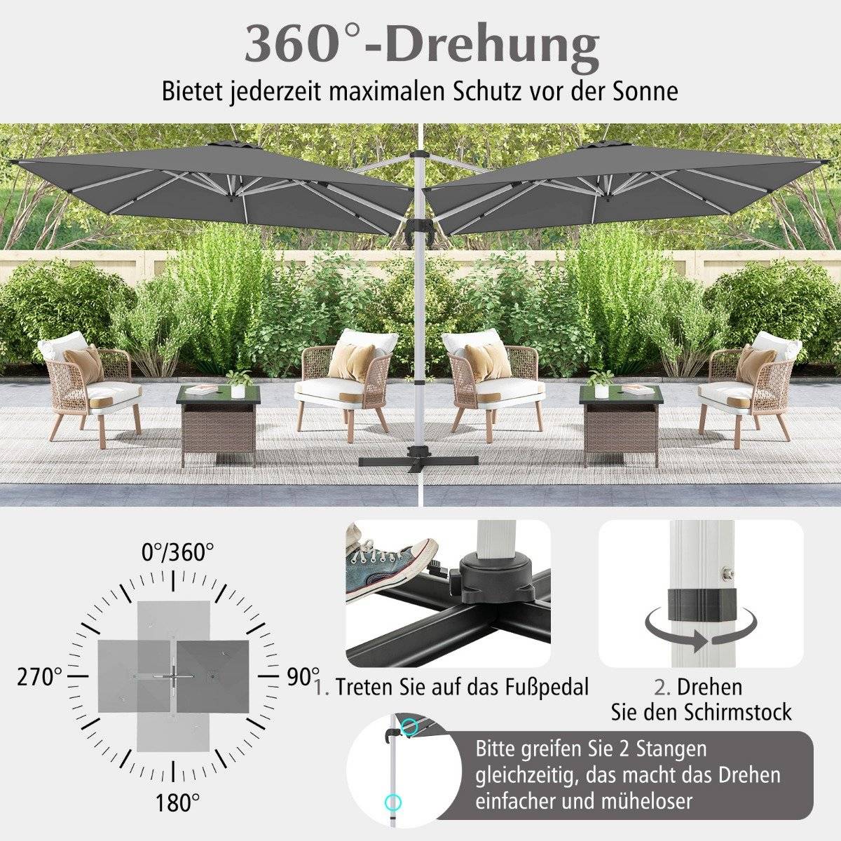 Rectangular Patio Umbrella, 300x300 cm, Grey, Crank Handle
