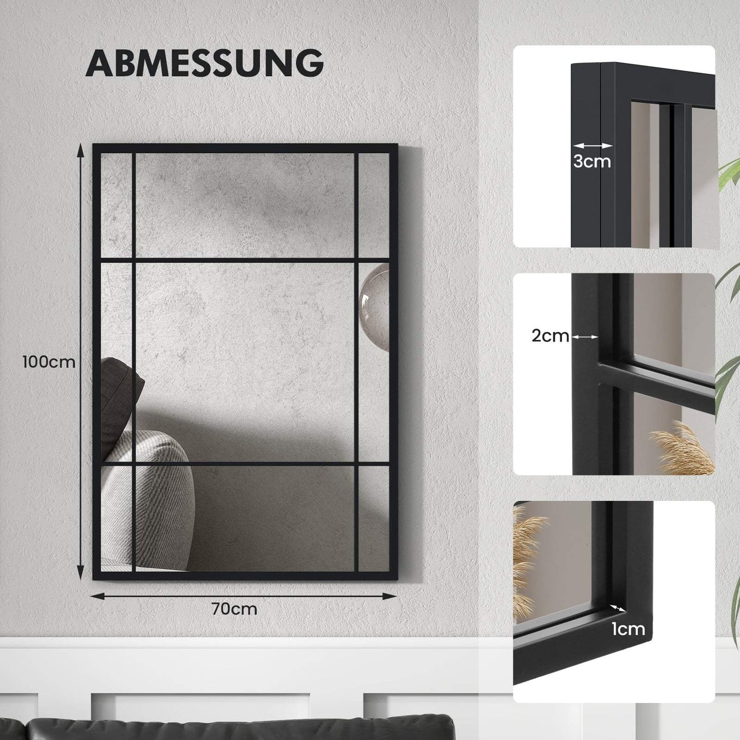 Rectangular Wall Mirror, Metal Frame, 100 x 70 cm