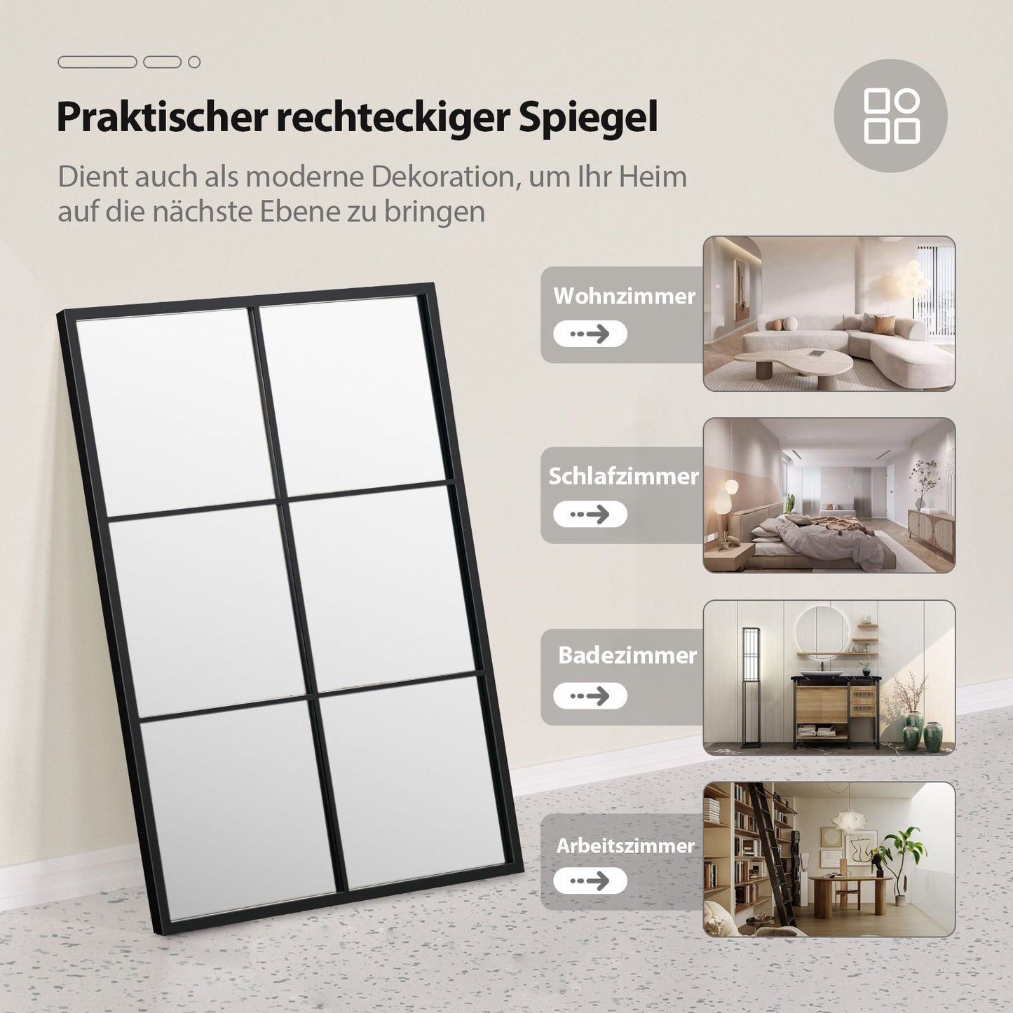 Rectangular Wall Mirror, Metal Frame, 70 x 100 cm