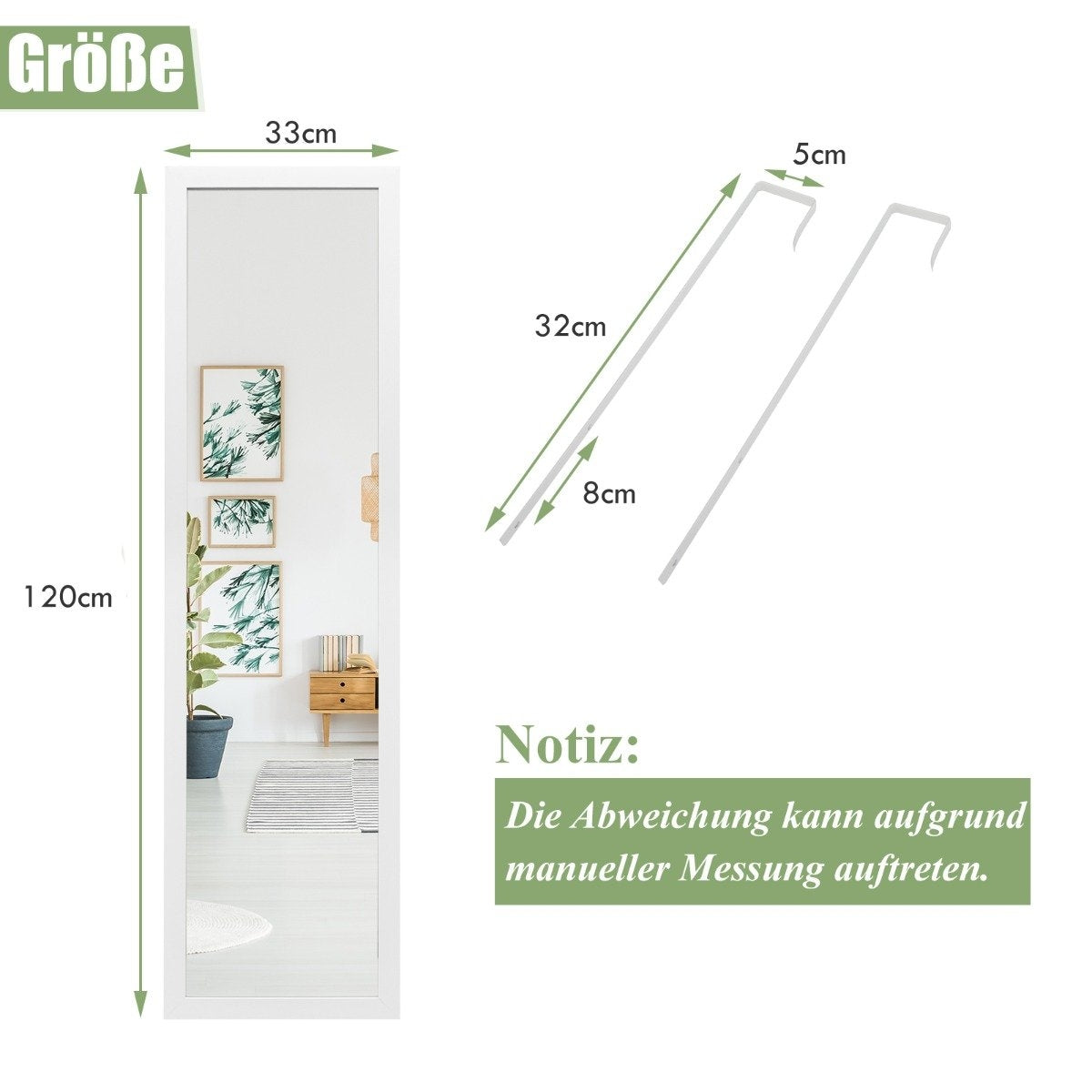 Rectangular full-length mirror with hanging hook for door 33x119cm white