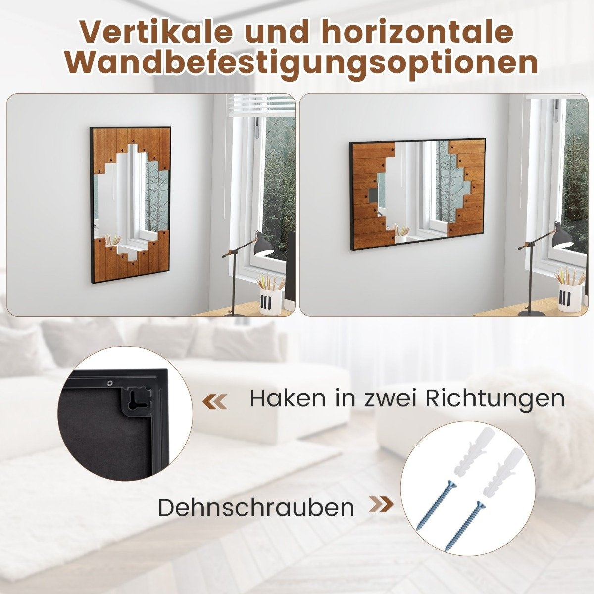 Rectangular mirror with wooden frame 60 x 95 cm rustic wall mirror with two-way hooks