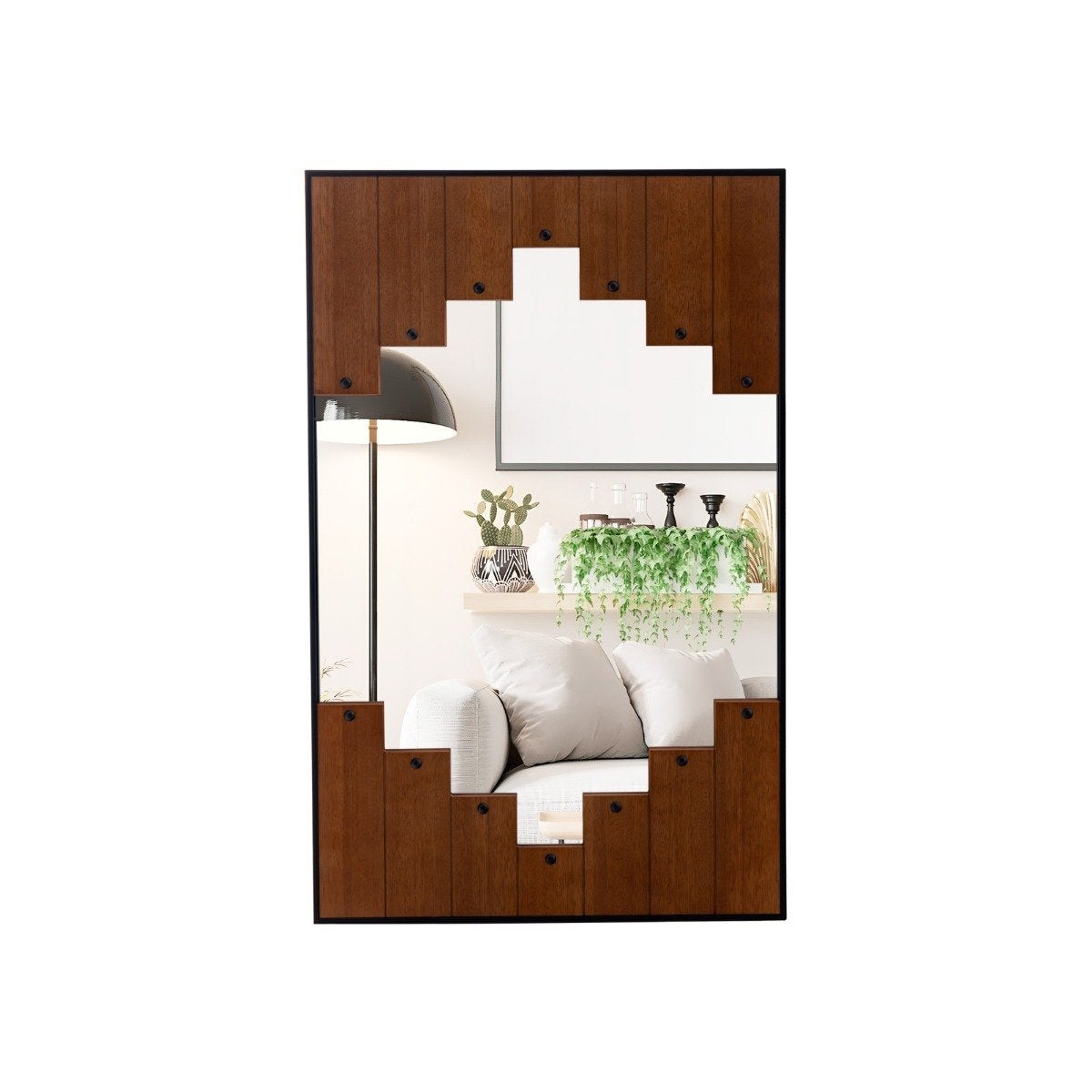 Rectangular mirror with wooden frame 60 x 95 cm rustic wall mirror with two-way hooks