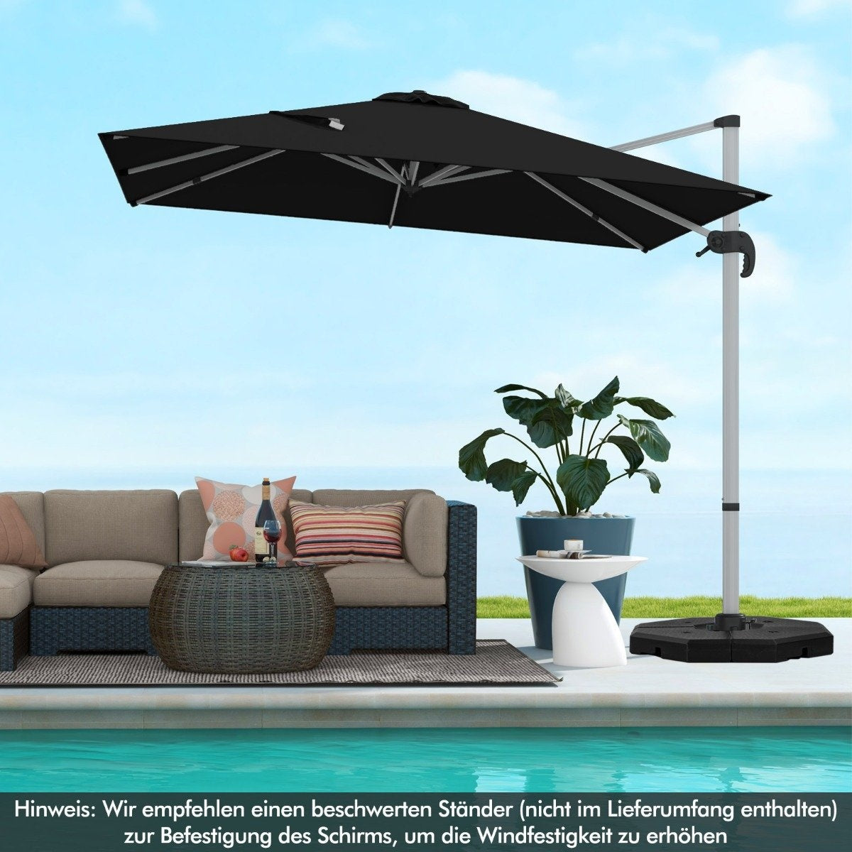 Rectangular parasol 300 x 300 cm large cantilever parasol with crank black