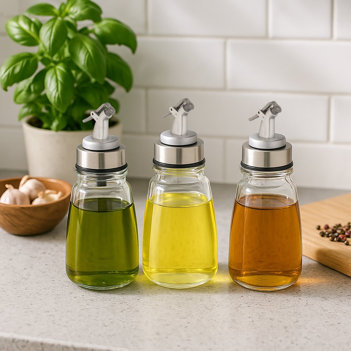 Refillable Glass Oil Bottles Set with Metal Pourers