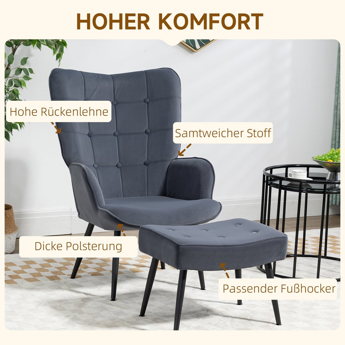 Velvet Relax Chair with armrests and footstool