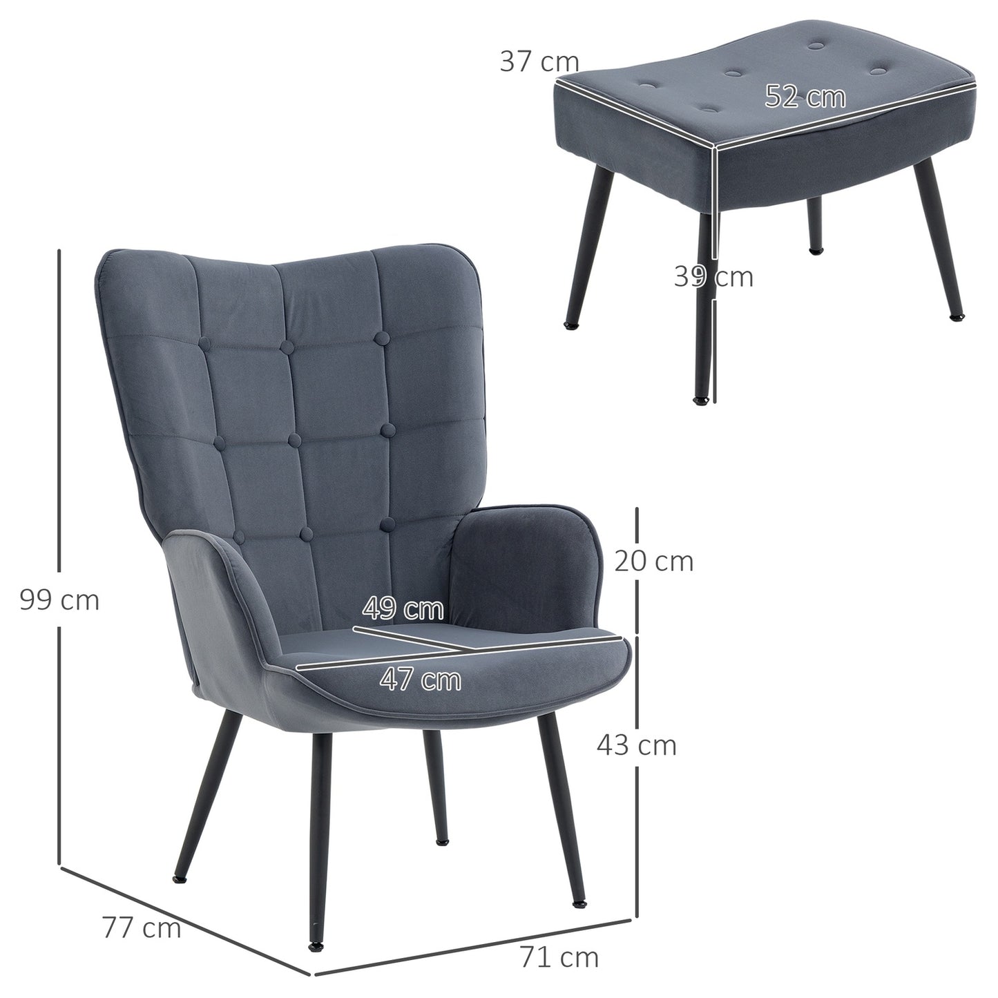 Velvet Relax Chair with armrests and footstool