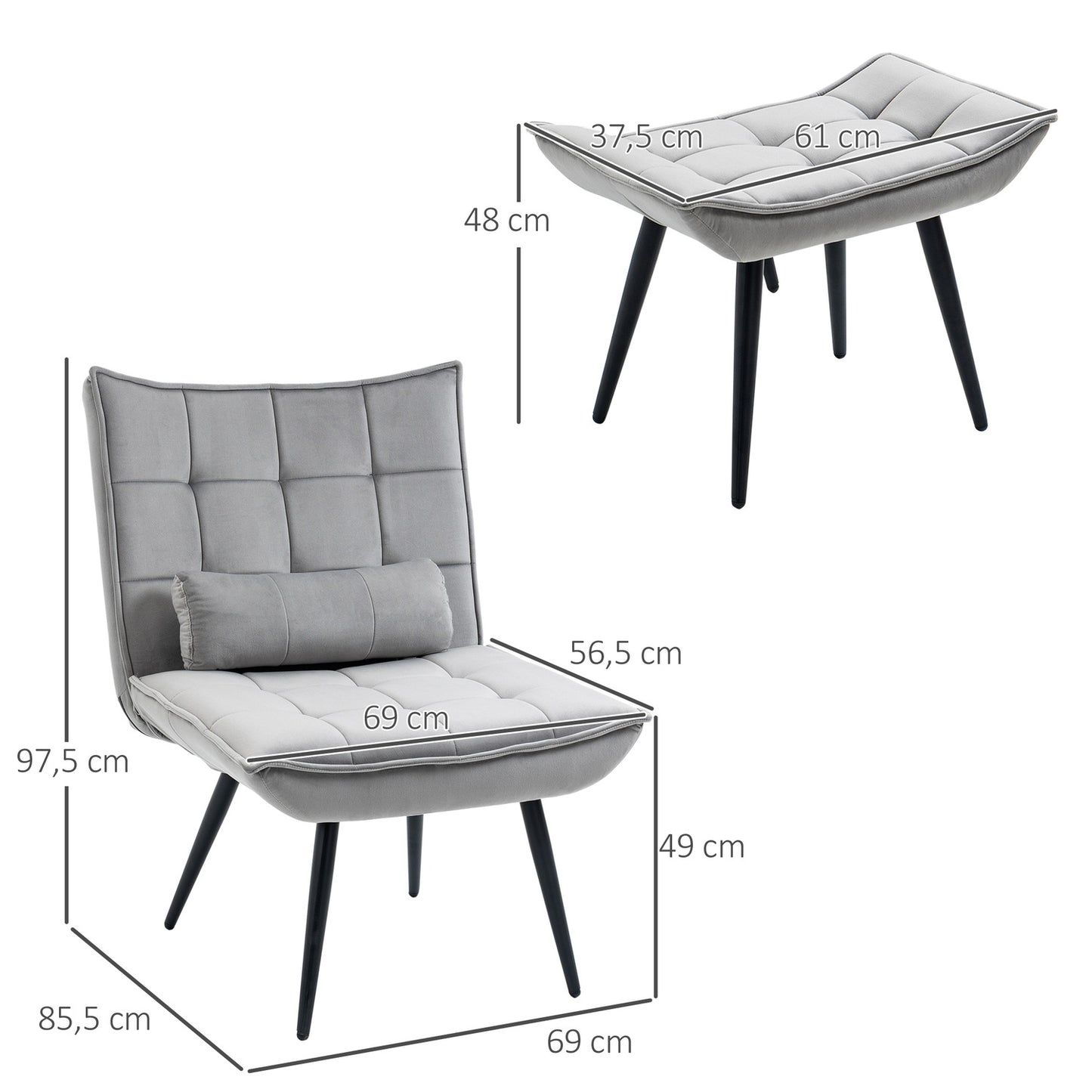 Gray Relax Chair & Ottoman Set, Velvet Upholstery, Comfortable Cushions