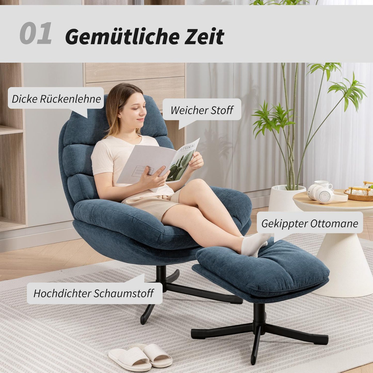 Relax Chair with Ottoman, Chenille Fabric, Blue, 360 Swivel