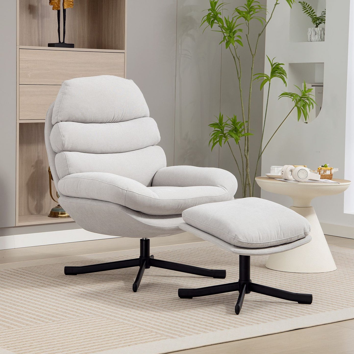 Relax Chair with Ottoman, Chenille Fabric, Cream, 360 Swivel