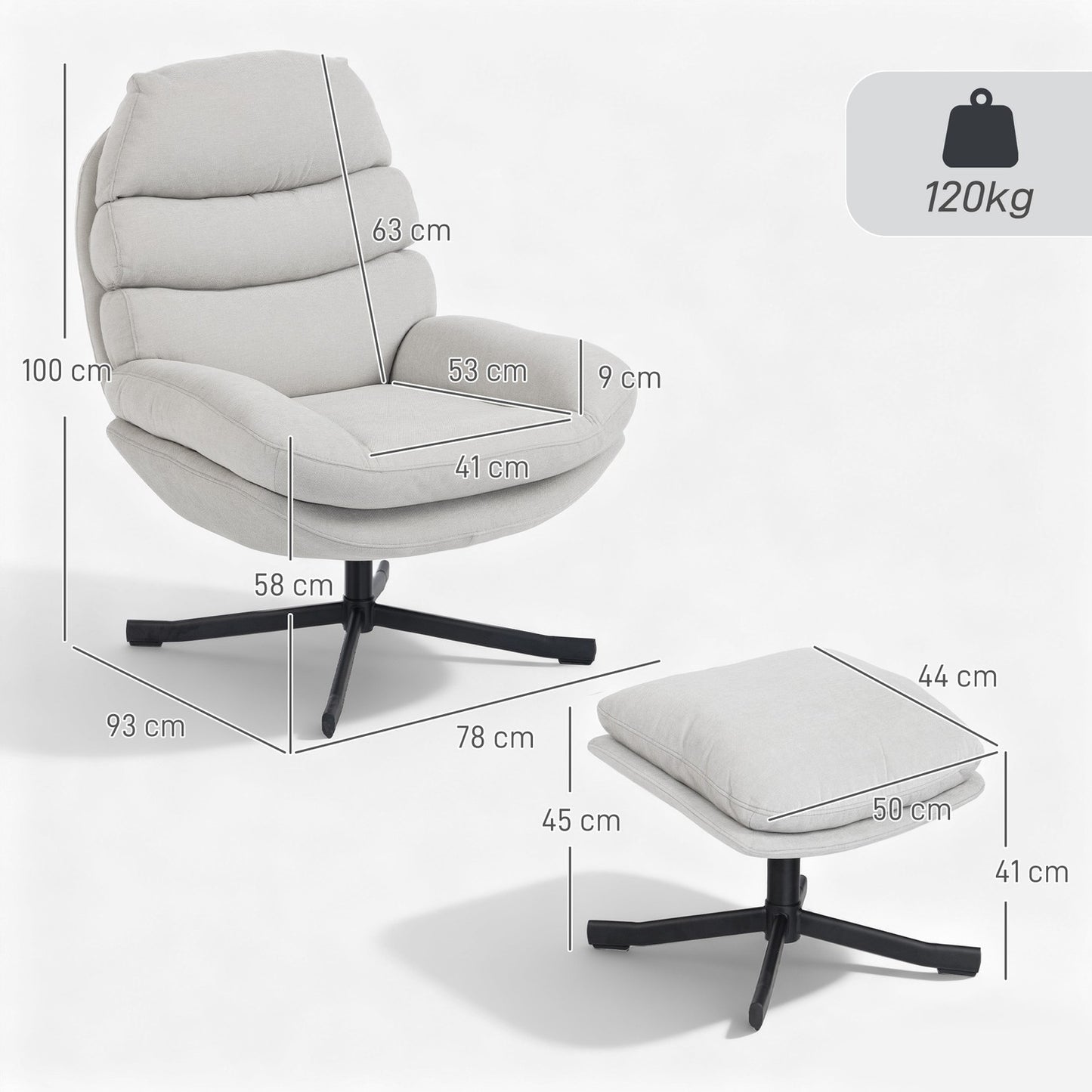 Relax Chair with Ottoman, Chenille Fabric, Cream, 360 Swivel