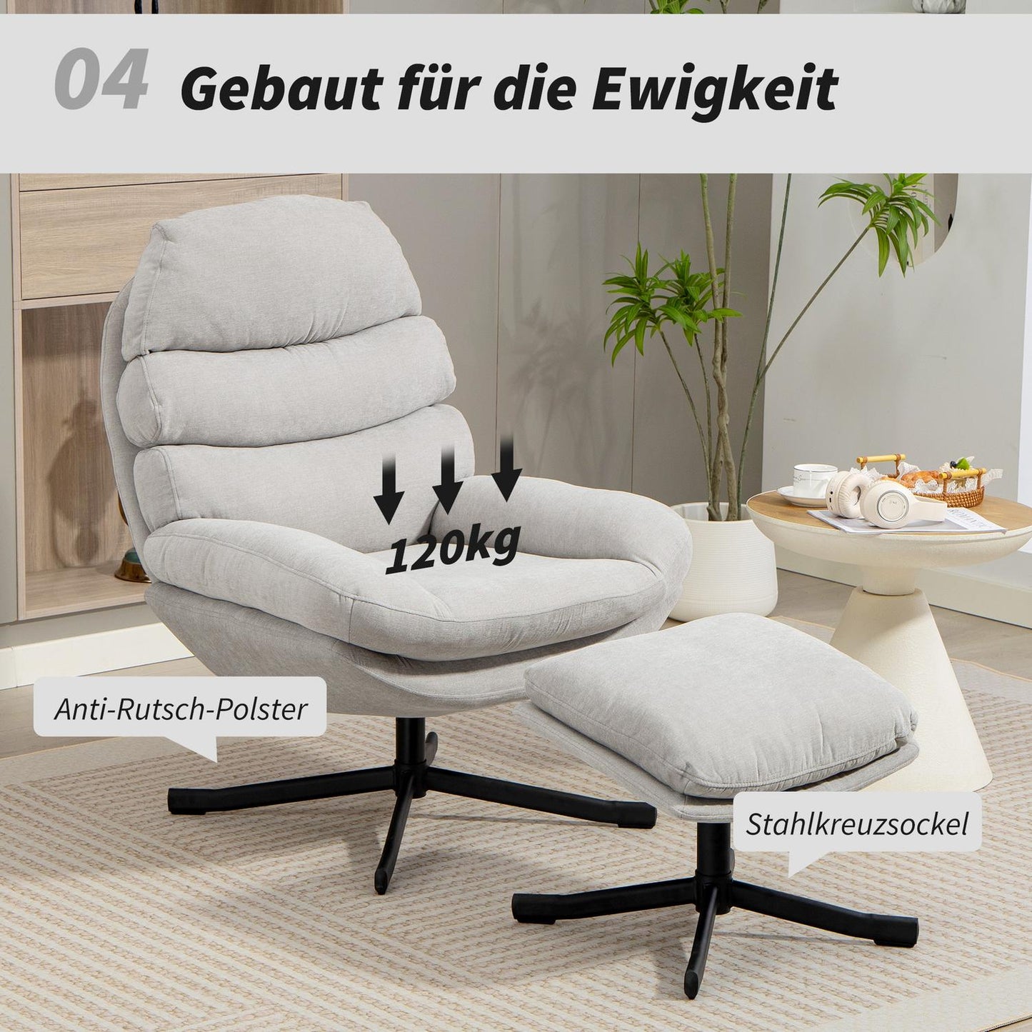 Relax Chair with Ottoman, Chenille Fabric, Cream, 360 Swivel