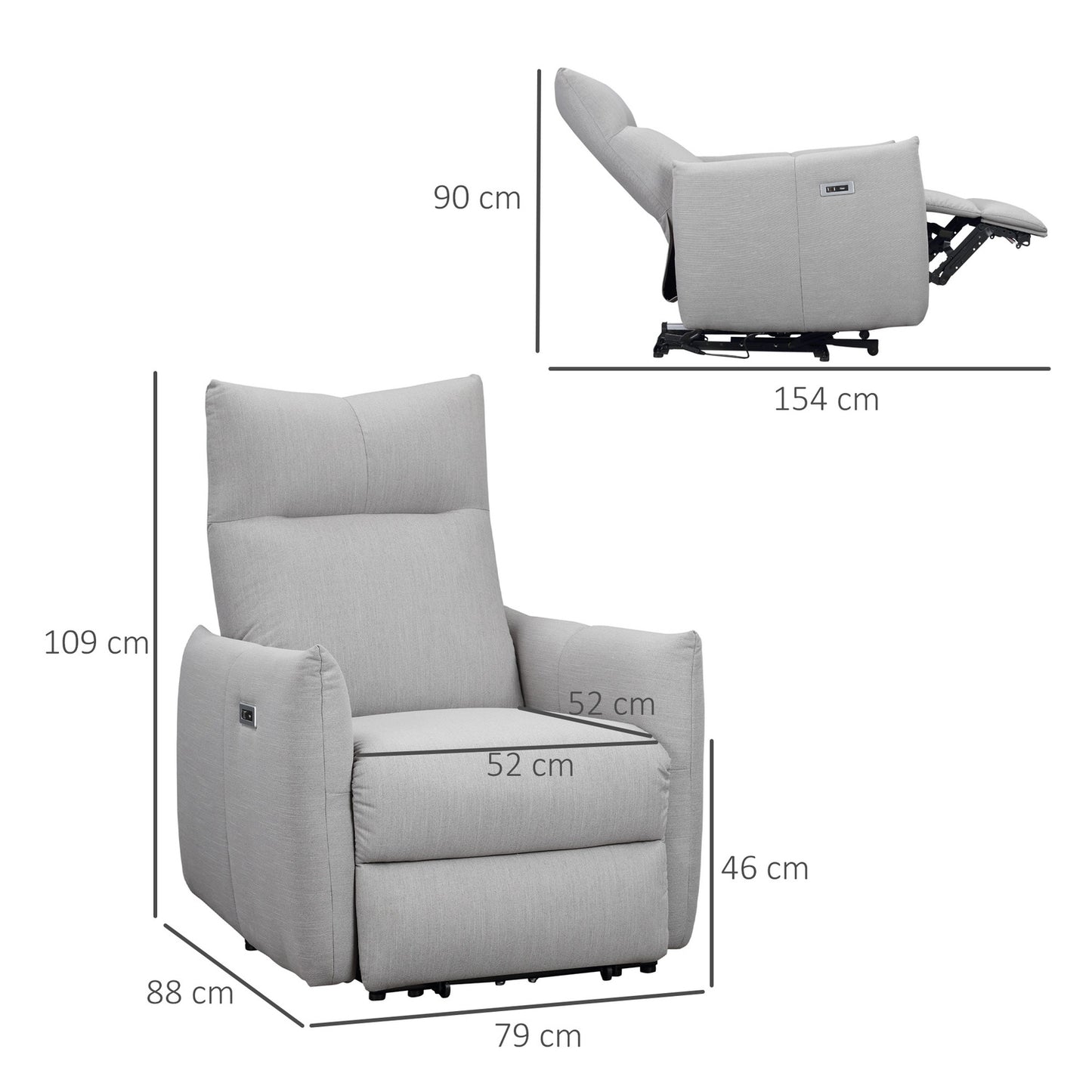 Lounger with USB, 140° tilt, polyester, grey