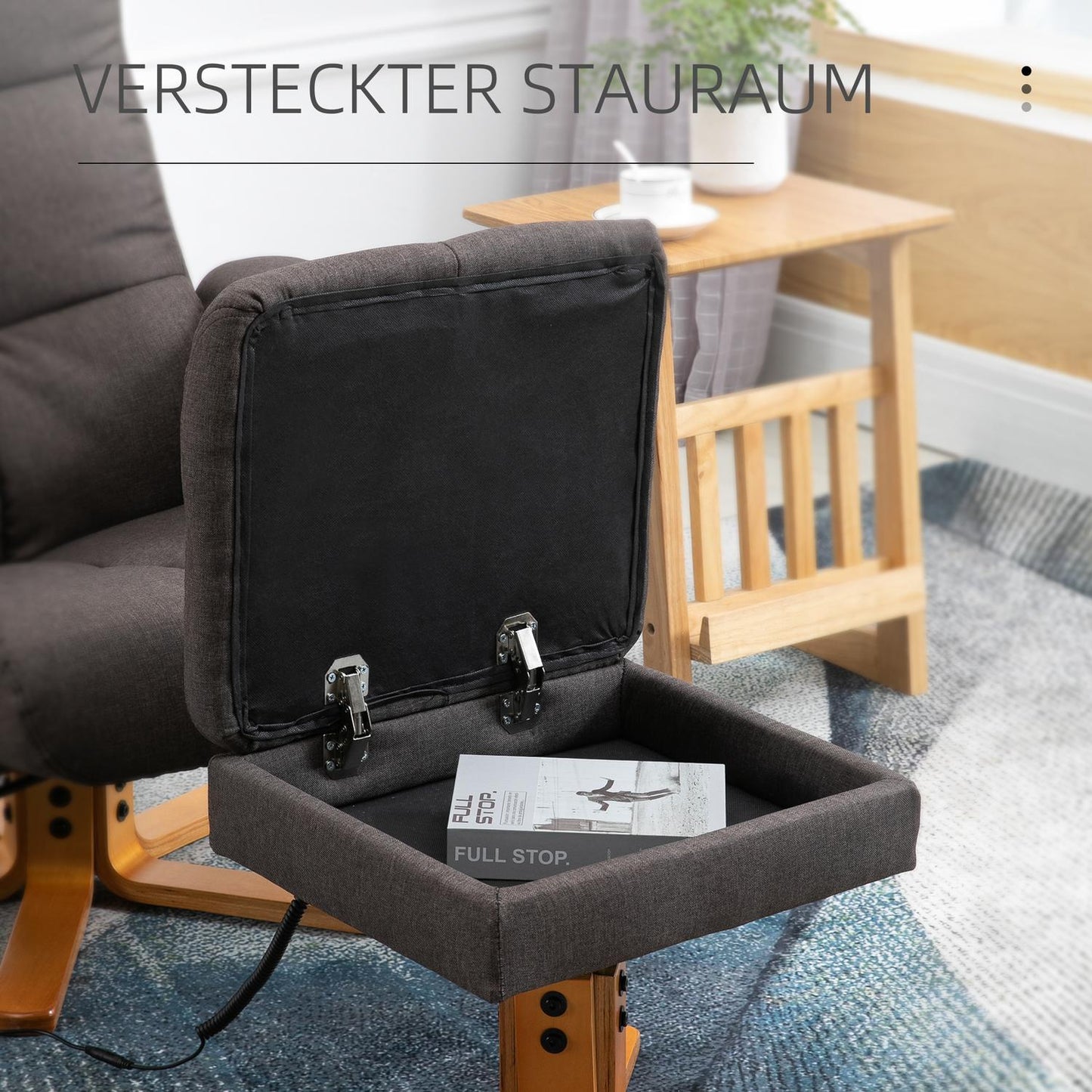 Massage chair with footstool, 145° tilt, brown