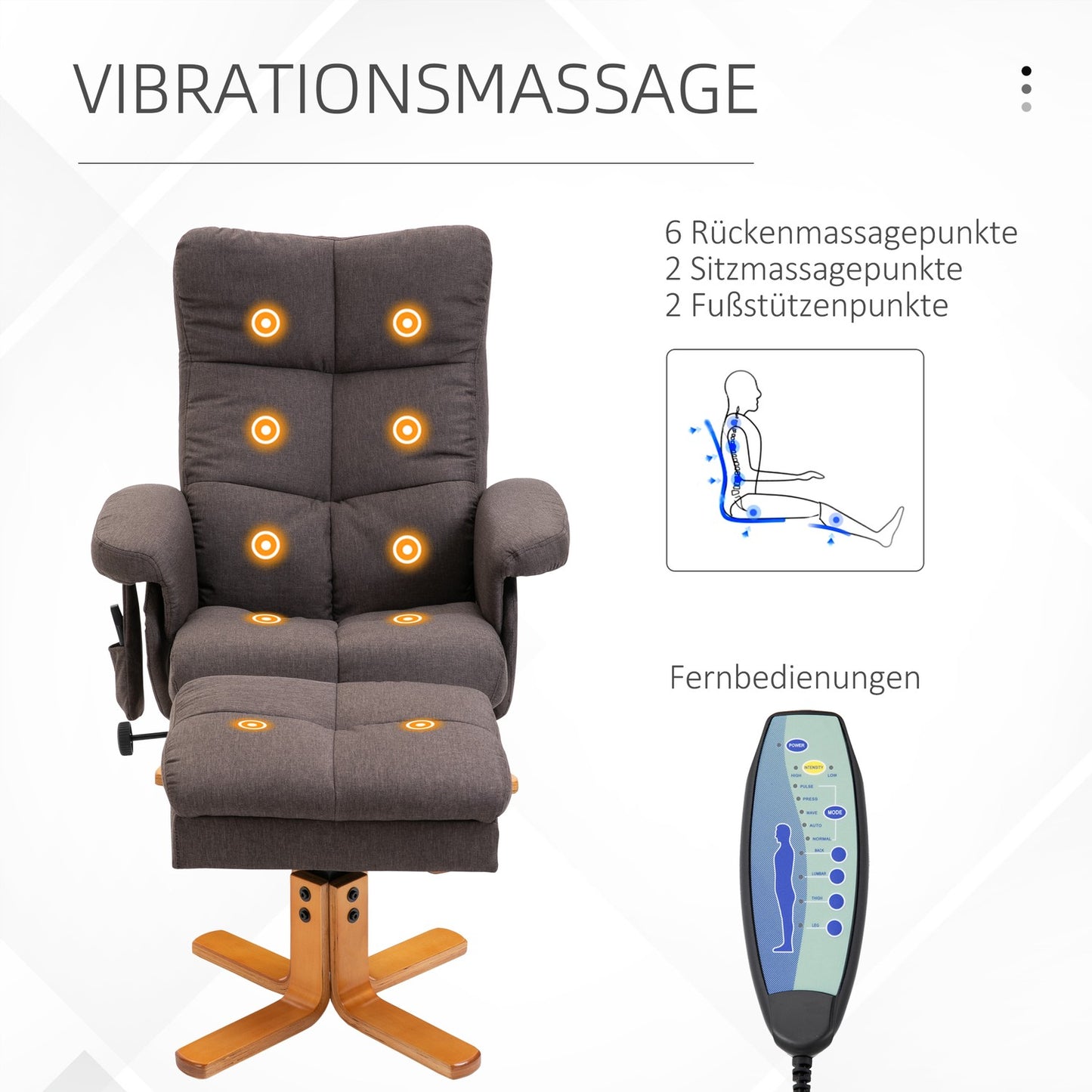 Massage chair with footstool, 145° tilt, brown