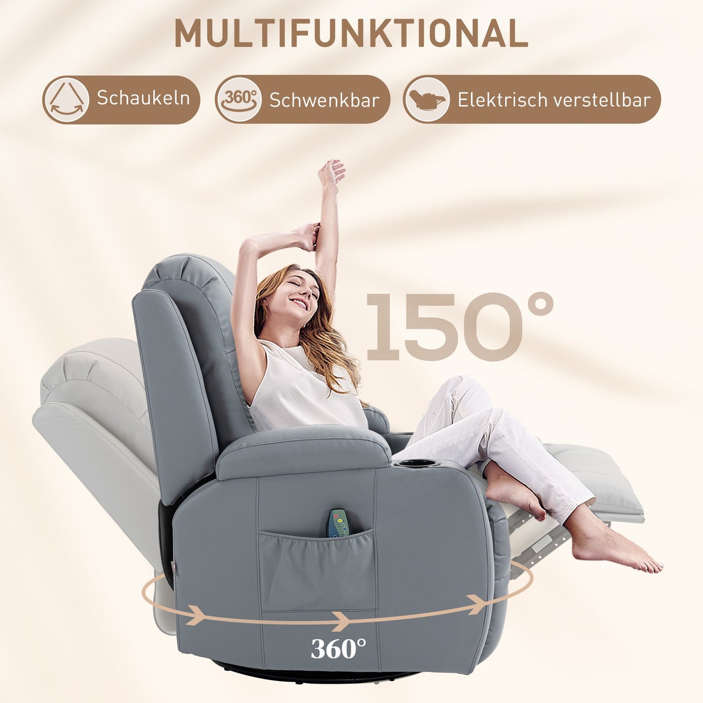 Electric massage chair - artificial leather, light grey