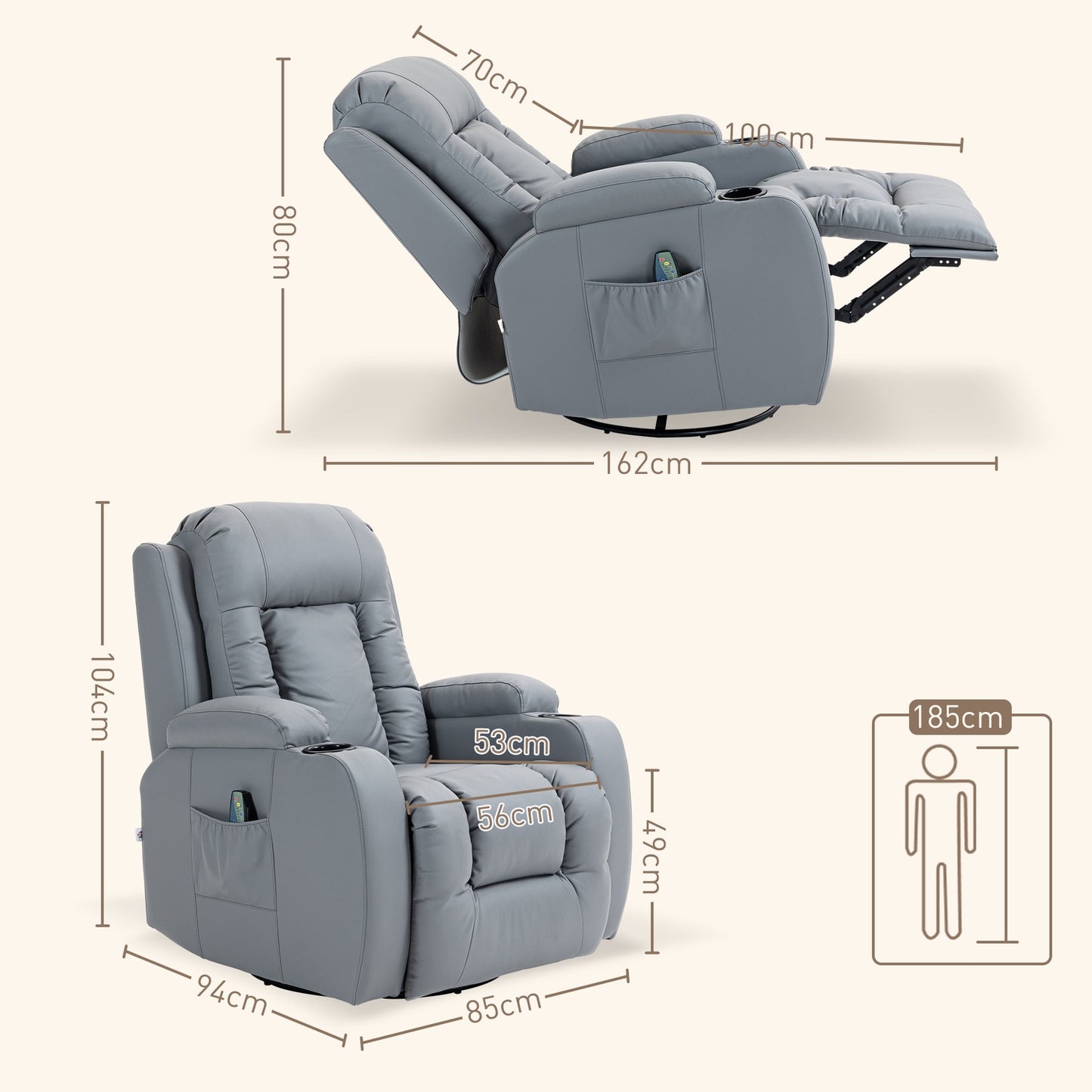 Electric massage chair - artificial leather, light grey