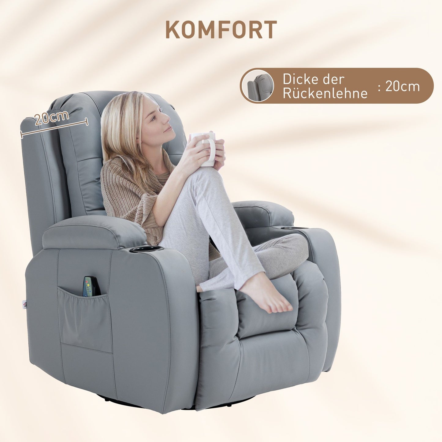 Electric massage chair - artificial leather, light grey