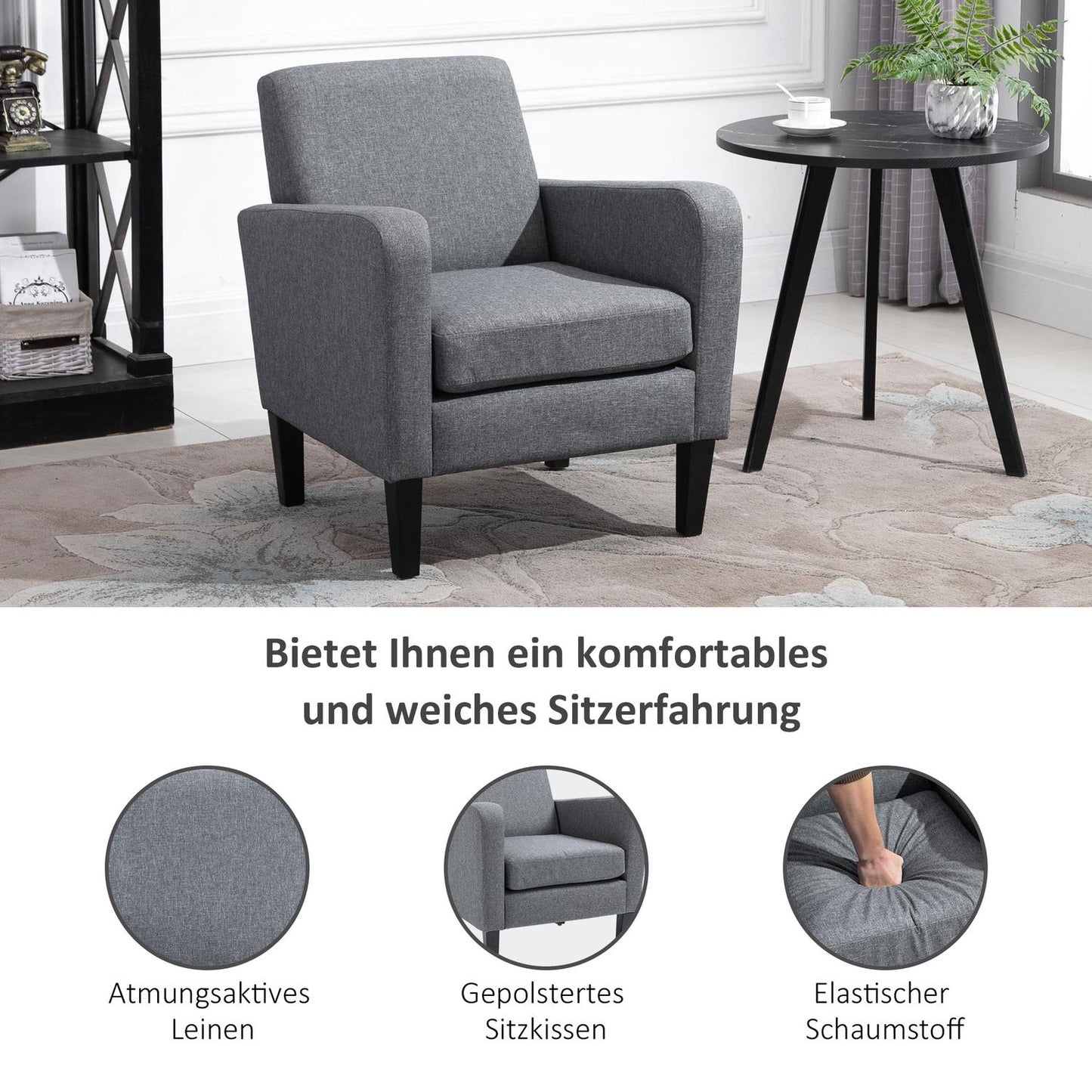Relaxation chair, linen upholstery, wooden legs, light grey