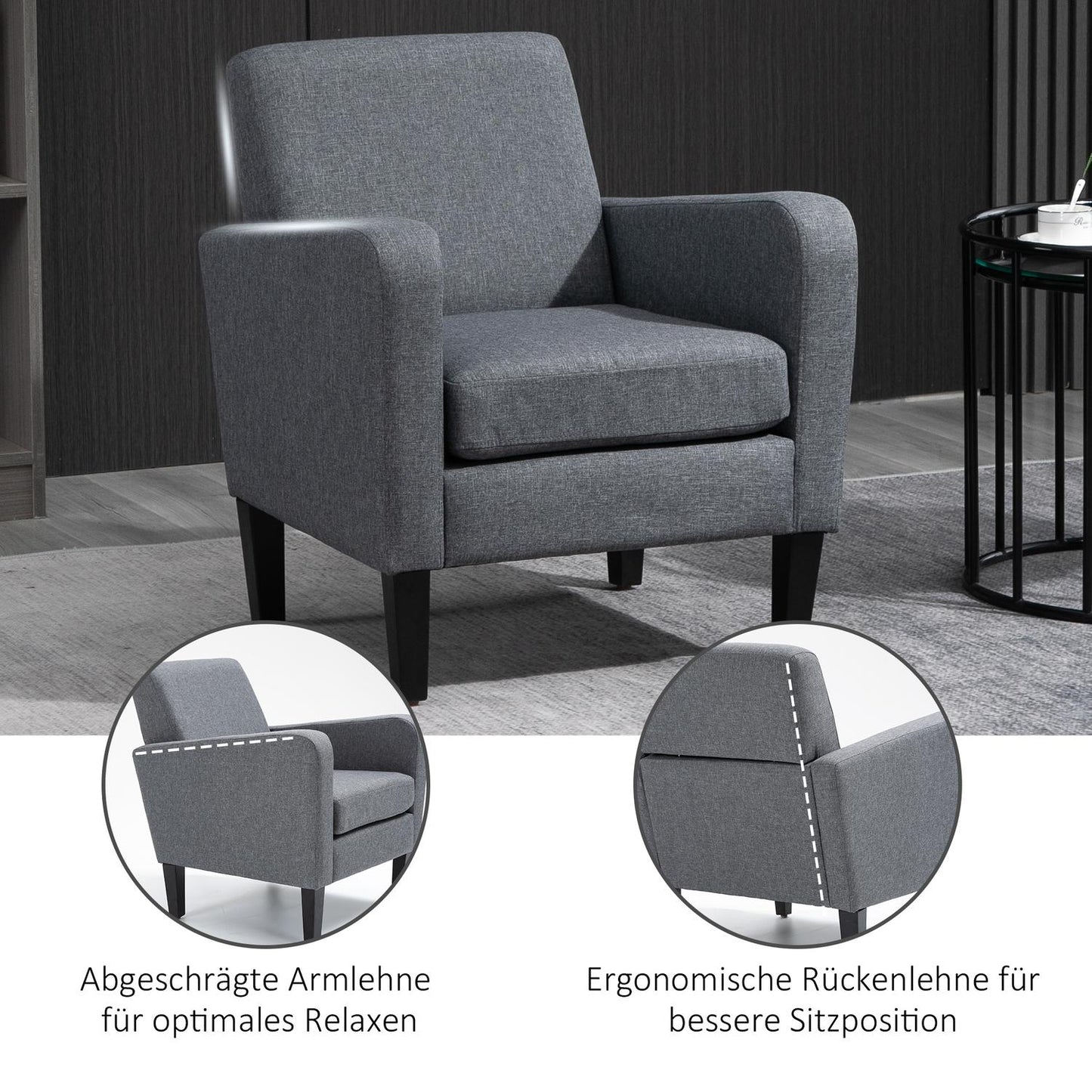 Relaxation chair, linen upholstery, wooden legs, light grey