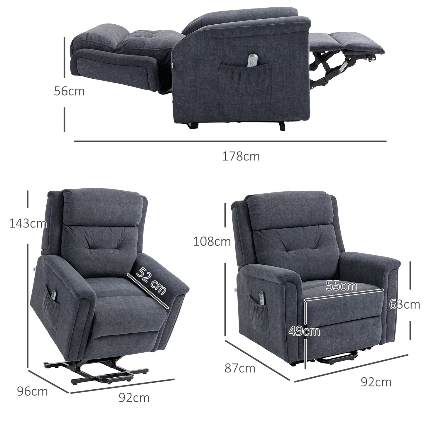 Electric recliner, standing aid, remote control, dark grey
