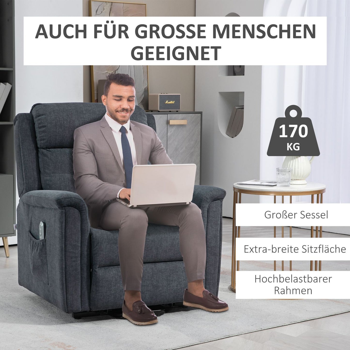 Electric recliner, standing aid, remote control, dark grey