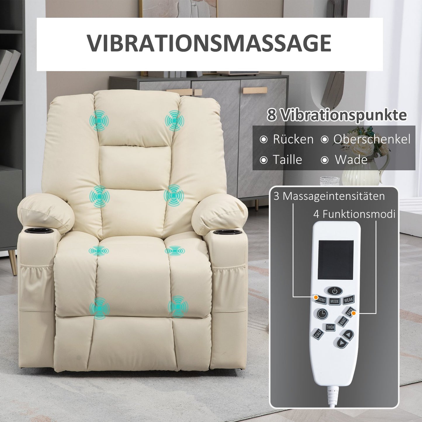 Electric recliner with massage, wheels and cup holder