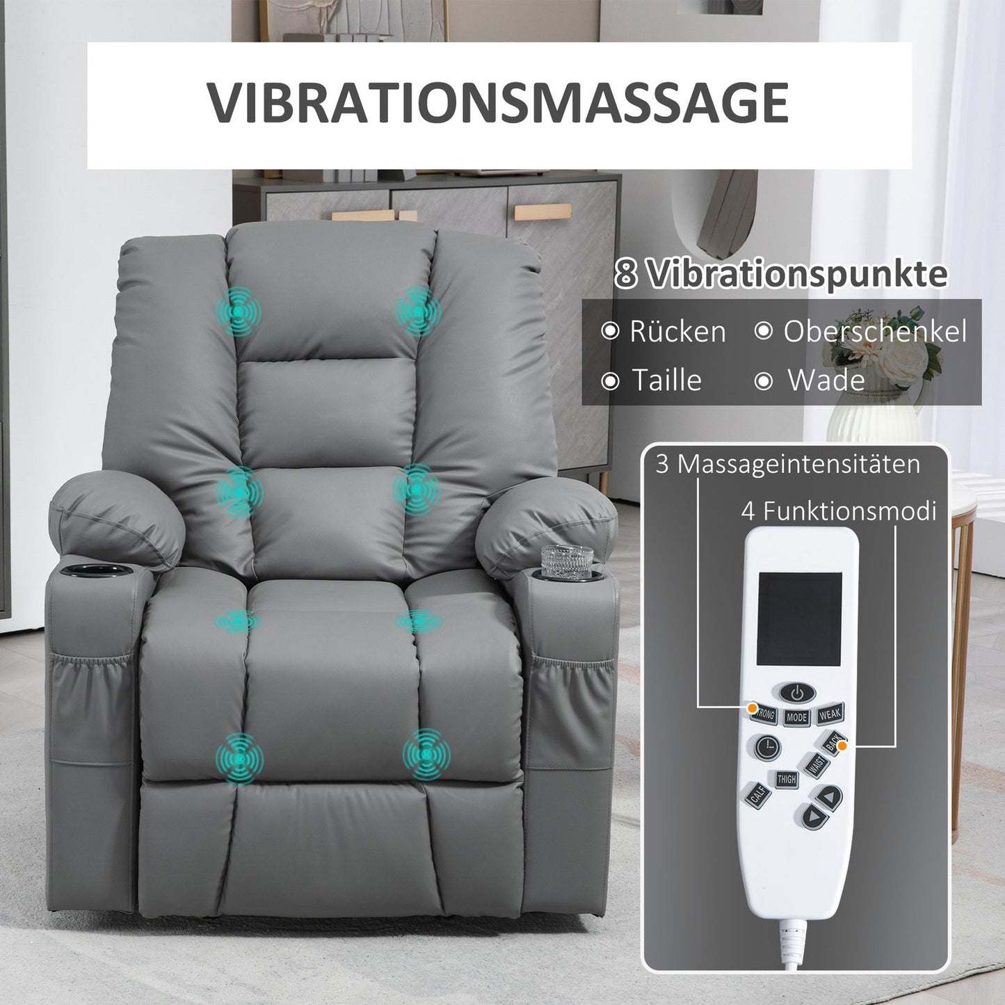 Electric recliner with USB, massage, wheels, gray