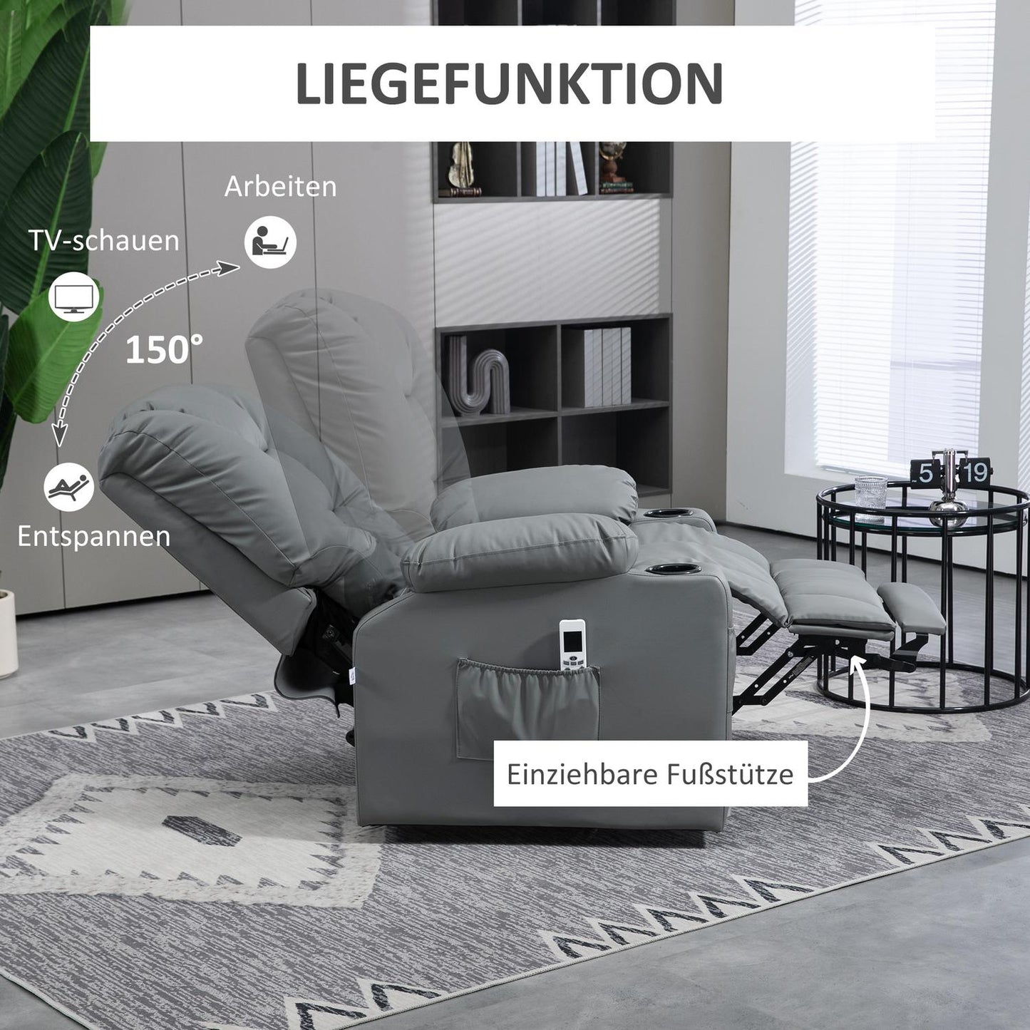 Electric recliner with USB, massage, wheels, gray