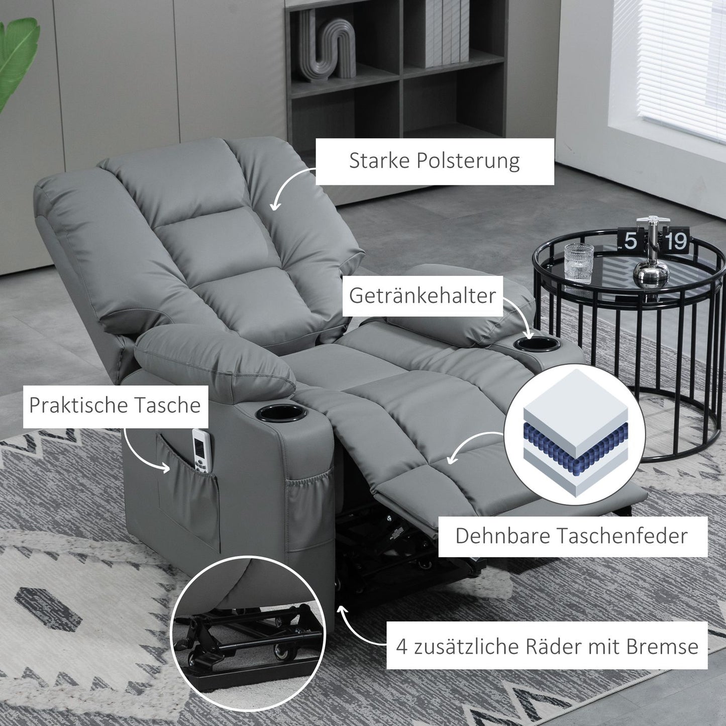 Electric recliner with USB, massage, wheels, gray