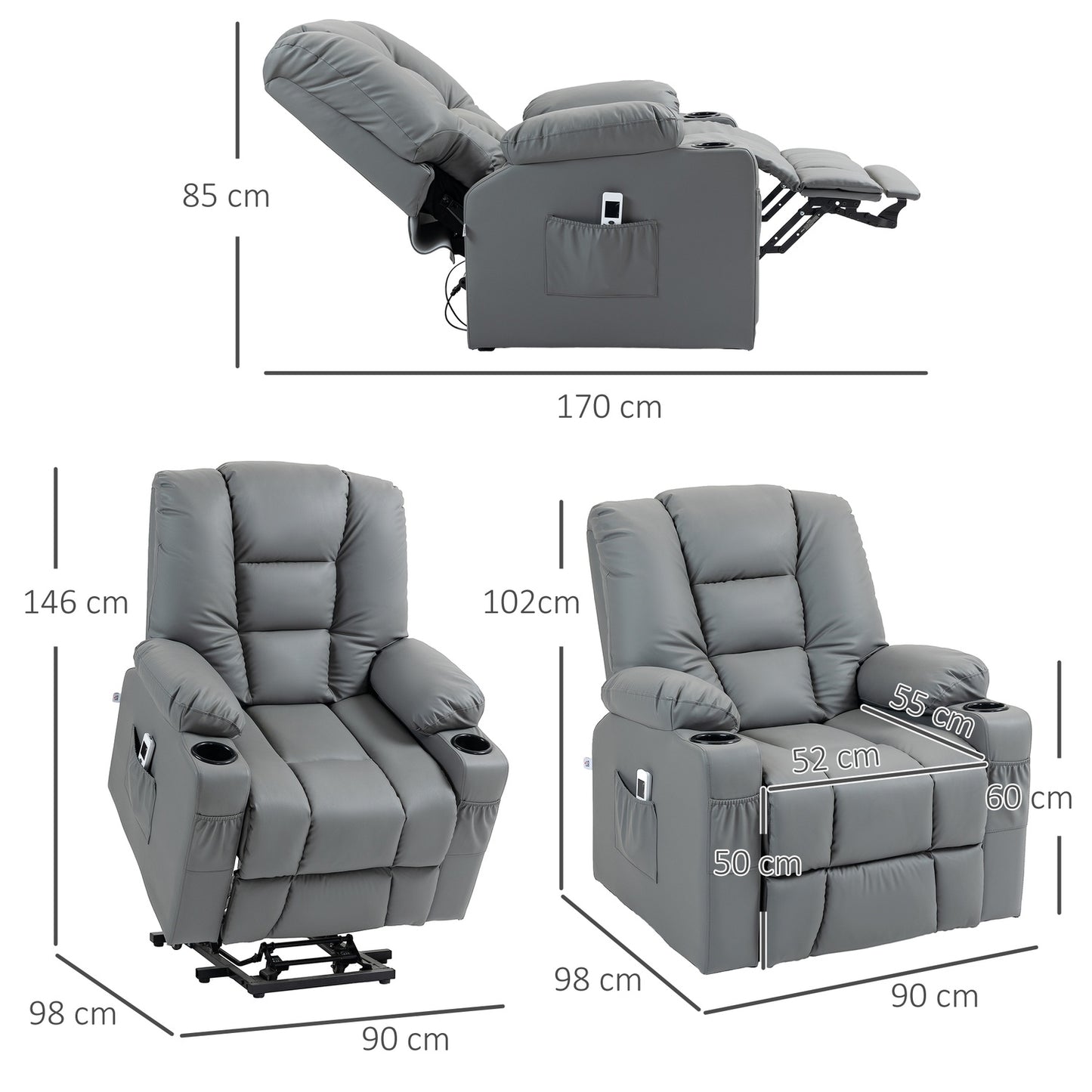 Electric recliner with USB, massage, wheels, gray