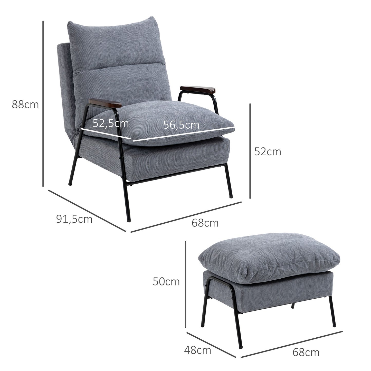 Reclining gray armchair with adjustable backrest and ottoman
