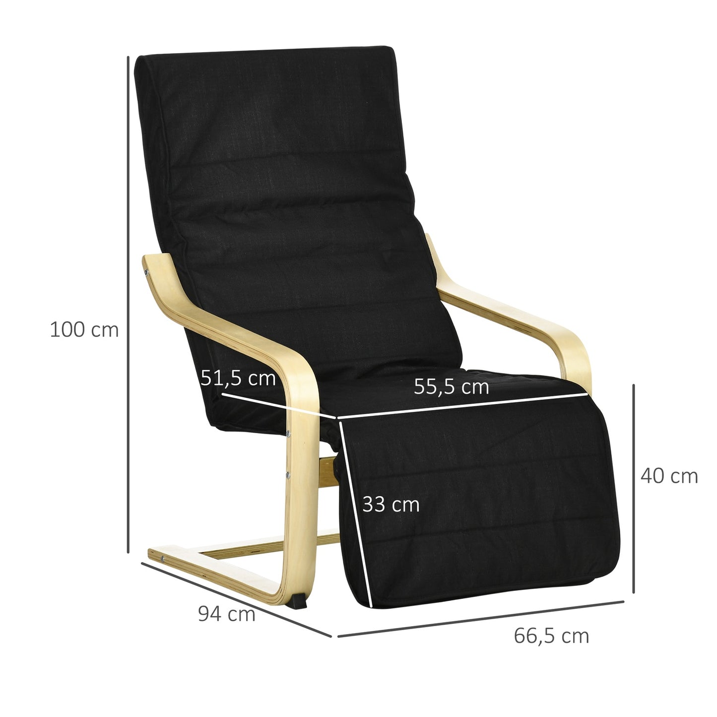 Relaxation chair with adjustable footrest, linen, black