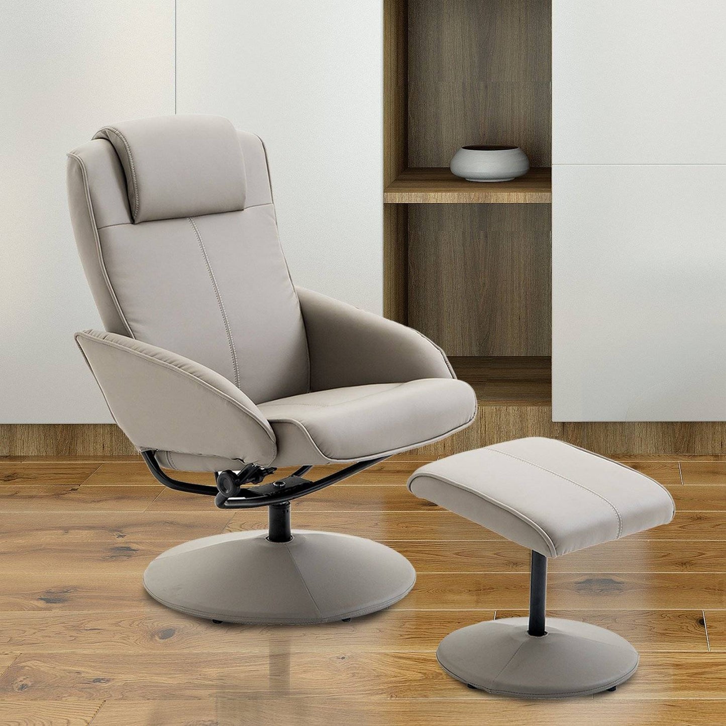 Gray recliner with 360° swivel and footrest