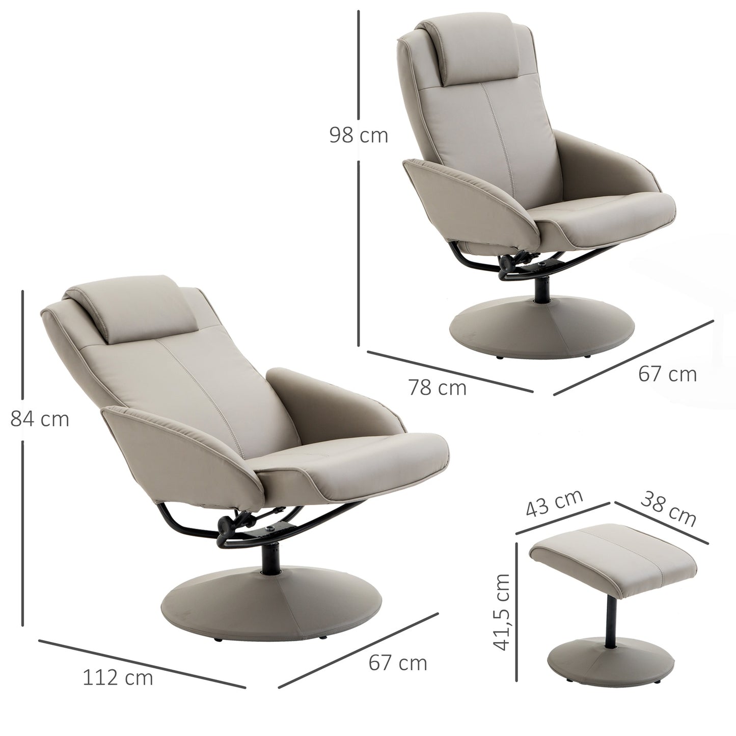 Gray recliner with 360° swivel and footrest