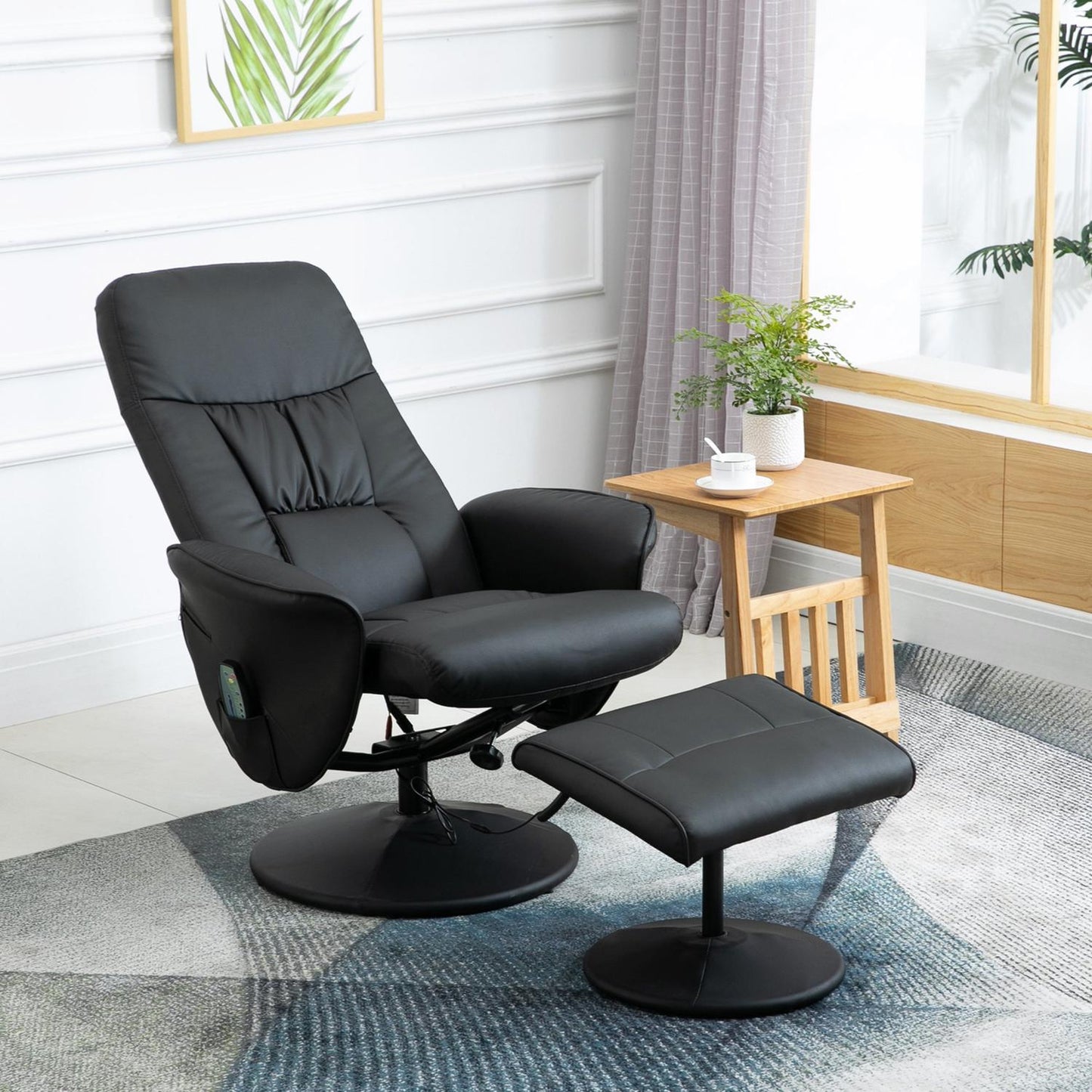 Massage chair with ottoman; Black artificial leather