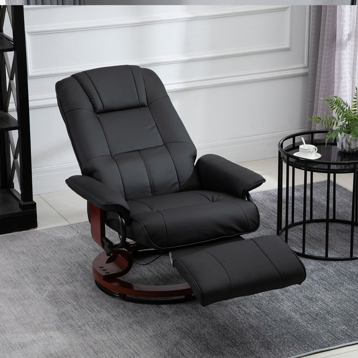 Reclining chair in artificial leather with footrest, swivel, black