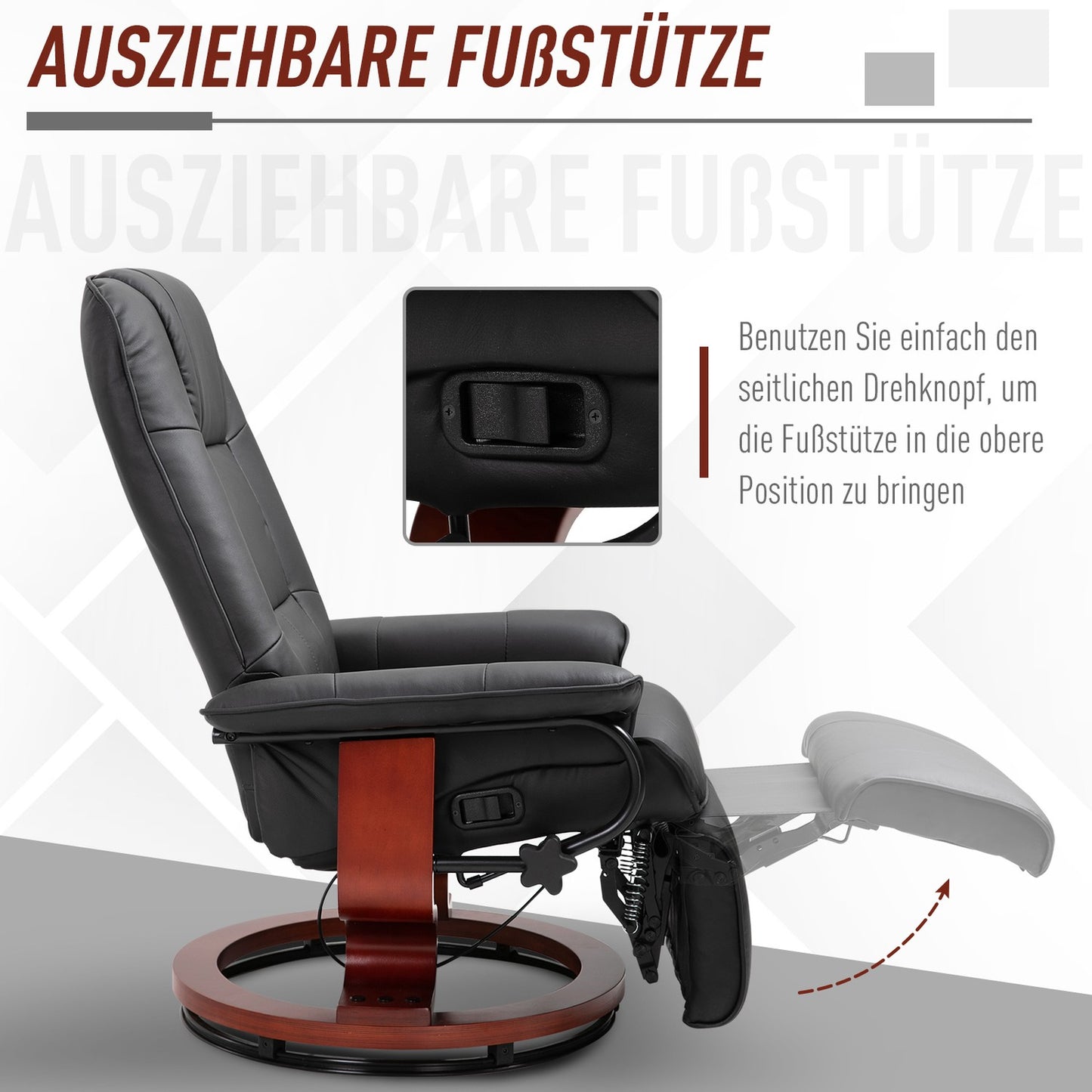 Reclining chair in artificial leather with footrest, swivel, black